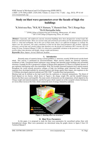 IOSR Journal of Mechanical and Civil Engineering (IOSR-JMCE)
e-ISSN: 2278-1684,p-ISSN: 2320-334X, Volume 12, Issue 4 Ver. V (Jul. - Aug. 2015), PP 41-44
www.iosrjournals.org
DOI: 10.9790/1684-12454144 www.iosrjournals.org 41 | Page
Study on blast wave parameters over the facade of high rise
buildings
1
K.Srinivasa Rao, 2
M.K.M.V.Ratnam, 3
C.Ramesh Dutt, 4
Dr.U.Ranga Raju
5
Dr.R.Harinadha babu
1, 2, 4
(DNR College of Engineering and Technology, Bhimavaram, AP, India)
3, 5
(Sir C R R College of Engineering, Eluru, AP, India)
Abstract : Generally, tall reinforced concrete structural buildings have been designed for normal loads like
dead, live and lateral loads. There are several codes and well known procedures for the determination of lateral
loads i.e. wind and earthquake, but in the case of blast loads, there is no sufficient techniques to evaluate the
impact over the structures. this study contributes to find out the blast load parameters like incident, reflected
pressures, arrival time and positive phase time duration over the facade of a multistory RCC structure (G+13)
using US Army Technical Manual 5-1300. It is observed a remarkable variation in the pressures, arrival time,
positive phase time duration with height, charge weight and distance.
Keywords: Blast; Impact; Arrival; Reflected; Incident;
I. Introduction
Presently many of countries facing a serious problem i.e. terrorism, recently 26/06 kuwait suicide bomb
attack. This activity is performed by terrorists/militants. Major terrorist attacks are chemical explosion,
accidental or both. Unexpected bomb explosions cause damage and demolish target buildings and surrounded
structures. Example for this is progressive collapse of Ronan point apartment (22 floors) in England; because of
gas explosion load bearing walls were demolished. With This incident Structural engineers have started research
throughout the world towards preventive collapse of high rise buildings under abnormal loads. Structural
engineers have developed methods for structural analysis and design against blast impact, also engineers in the
U.S Military developed empirical methods and TM5-1300 [1]
to predict blast load parameters.
Blasting load can be defined as the load result from the explosions or chemical ammunitions. The threat of
bomb depend on two factors, which shows in Figure.1, the charge weight (W), and the standoff distance
between the blast source and target(R). The main results of detonation are the temperature, which depend on the
Charge weight and material properties, and the hot gases which expand out of the occupied volume forming an
air waves (blast waves) at the front, which contain the most of energy released by explosion.
Figure.1: blasting effect on structures [2]
II. Blast Wave Parameters
In this paper, it is proposed to study the blast wave parameters for unconfined surface blast with
hemispherical charge. Blast wave parameters are determined using the graphs shown in figure.2 from US
Technical Manual-5
 