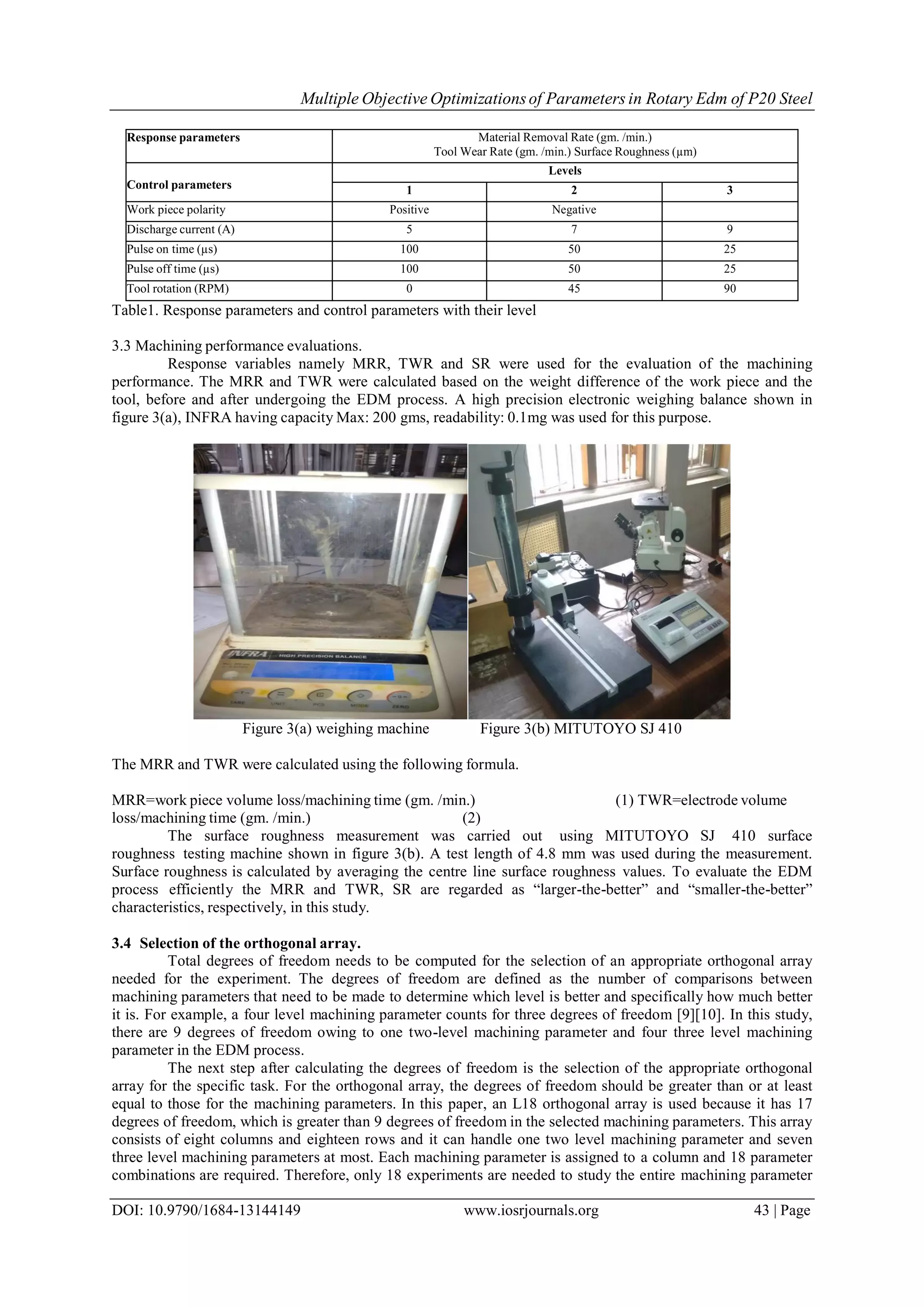 Multiple Objective Optimizationsof Parameters in Rotary Edm of P20 Steel
DOI: 10.9790/1684-13144149 www.iosrjournals.org 43 | Page
Response parameters Material Removal Rate (gm. /min.)
Tool Wear Rate (gm. /min.) Surface Roughness (µm)
Control parameters
Levels
1 2 3
Work piece polarity Positive Negative
Discharge current (A) 5 7 9
Pulse on time (µs) 100 50 25
Pulse off time (µs) 100 50 25
Tool rotation (RPM) 0 45 90
Table1. Response parameters and control parameters with their level
3.3 Machining performance evaluations.
Response variables namely MRR, TWR and SR were used for the evaluation of the machining
performance. The MRR and TWR were calculated based on the weight difference of the work piece and the
tool, before and after undergoing the EDM process. A high precision electronic weighing balance shown in
figure 3(a), INFRA having capacity Max: 200 gms, readability: 0.1mg was used for this purpose.
Figure 3(a) weighing machine Figure 3(b) MITUTOYO SJ 410
The MRR and TWR were calculated using the following formula.
MRR=work piece volume loss/machining time (gm. /min.) (1) TWR=electrode volume
loss/machining time (gm. /min.) (2)
The surface roughness measurement was carried out using MITUTOYO SJ 410 surface
roughness testing machine shown in figure 3(b). A test length of 4.8 mm was used during the measurement.
Surface roughness is calculated by averaging the centre line surface roughness values. To evaluate the EDM
process efficiently the MRR and TWR, SR are regarded as “larger-the-better” and “smaller-the-better”
characteristics, respectively, in this study.
3.4 Selection of the orthogonal array.
Total degrees of freedom needs to be computed for the selection of an appropriate orthogonal array
needed for the experiment. The degrees of freedom are defined as the number of comparisons between
machining parameters that need to be made to determine which level is better and specifically how much better
it is. For example, a four level machining parameter counts for three degrees of freedom [9][10]. In this study,
there are 9 degrees of freedom owing to one two-level machining parameter and four three level machining
parameter in the EDM process.
The next step after calculating the degrees of freedom is the selection of the appropriate orthogonal
array for the specific task. For the orthogonal array, the degrees of freedom should be greater than or at least
equal to those for the machining parameters. In this paper, an L18 orthogonal array is used because it has 17
degrees of freedom, which is greater than 9 degrees of freedom in the selected machining parameters. This array
consists of eight columns and eighteen rows and it can handle one two level machining parameter and seven
three level machining parameters at most. Each machining parameter is assigned to a column and 18 parameter
combinations are required. Therefore, only 18 experiments are needed to study the entire machining parameter
 