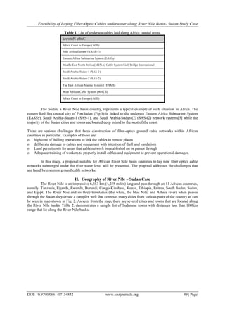 Feasibility of Laying Fiber-Optic Cables underwater along River Nile Basin- Sudan Study Case
DOI: 10.9790/0661-17154852 www.iosrjournals.org 49 | Page
Table 1. List of undersea cables laid along Africa coastal areas.
krowteN elbaC
Africa Coast to Europe (ACE)
Asia Africa Europe-1 (AAE-1)
Eastern Africa Submarine System (EASSy)
Middle East North Africa (MENA) Cable System/Gulf Bridge International
Saudi Arabia-Sudan-1 (SAS-1)
Saudi Arabia-Sudan-2 (SAS-2)
The East African Marine System (TEAMS)
West African Cable System (WACS)
Africa Coast to Europe (ACE)
The Sudan, a River Nile basin country, represents a typical example of such situation in Africa. The
eastern Red Sea coastal city of PortSudan (Fig.1) is linked to the undersea Eastern Africa Submarine System
(EASSy), Saudi Arabia-Sudan-1 (SAS-1), and Saudi Arabia-Sudan-(2) (SAS-(2) network systems[5] while the
majority of the Sudan cities and towns are located deep inland to the west of the coast.
There are various challenges that faces construction of fiber-optics ground cable networks within African
countries in particular. Examples of these are:
o high cost of drilling operations to link the cables to remote places
o deliberate damage to cables and equipment with intention of theft and vandalism
o Land permit costs for areas that cable network is established on or passes through
o Adequate training of workers to properly install cables and equipment to prevent operational damages.
In this study, a proposal suitable for African River Nile basin countries to lay new fiber optics cable
networks submerged under the river water level will be presented. The proposal addresses the challenges that
are faced by common ground cable networks.
II. Geography of River Nile – Sudan Case
The River Nile is an impressive 6,853 km (4,258 miles) long and pass through an 11 African countries,
namely Tanzania, Uganda, Rwanda, Burundi, Congo-Kinshasa, Kenya, Ethiopia, Eritrea, South Sudan, Sudan,
and Egypt. The River Nile and its three tributaries (the white, the blue Nile, and Atbara river) when passes
through the Sudan they create a complex web that connects many cities from various parts of the country as can
be seen in map shown in Fig. 2. As seen from the map, there are several cities and towns that are located along
the River Nile banks. Table 2. demonstrates a sample list of Sudanese towns with distances less than 100Km
range that lie along the River Nile banks.
 