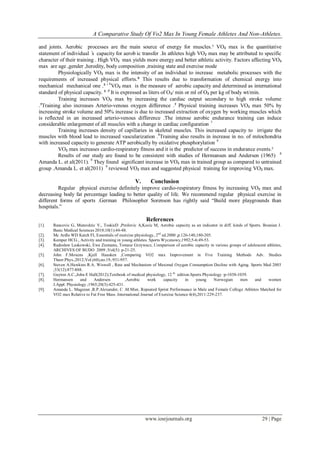 A Comparative Study Of Vo2 Max In Young Female Athletes And Non-Athletes.
www.iosrjournals.org 29 | Page
and joints. Aerobic processes are the main source of energy for muscles.³ VO₂ max is the quantitative
statement of individual ̓s capacity for aerob ic transfer .In athletes high VO₂ max may be attributed to specific
character of their training . High VO₂ max yields more energy and better athletic activity. Factors affecting VO₂
max are age ,gender ,heredity, body composition ,training state and exercise mode
Physiologically VO₂ max is the intensity of an individual to increase metabolic processes with the
requirements of increased physical efforts.⁴ This results due to transformation of chemical energy into
mechanical mechanical one .⁵ ' 6
VO₂ max is the measure of aerobic capacity and determined as international
standard of physical capacity. ⁵ ,6
It is expressed as liters of O₂/ min or ml of O₂ per kg of body wt/min.
Training increases VO₂ max by increasing the cardiac output secondary to high stroke volume
.⁷Training also increases Arterio-venous oxygen difference .⁷ Physical training increases VO₂ max 50% by
increasing stroke volume and 50% increase is due to increased extraction of oxygen by working muscles which
is reflected in an increased arterio-venous difference .The intense aerobic endurance training can induce
considerable enlargement of all muscles with a change in cardiac configuration. 7
Training increases density of capillaries in skeletal muscles. This increased capacity to irrigate the
muscles with blood lead to increased vascularization .8
Training also results in increase in no. of mitochondria
with increased capacity to generate ATP aerobically by oxidative phosphorylation 9 .
VO₂ max increases cardio-respiratory fitness and it is the predictor of success in endurance events.²
Results of our study are found to be consistent with studies of Hermansen and Andersen (1965) 8
Amanda L. et al(2011). 9
They found significant increase in VO₂ max in trained group as compared to untrained
group .Amanda L. et al(2011) 9
reviewed VO₂ max and suggested physical training for improving VO₂ max.
V. Conclusion
Regular physical exercise definitely improve cardio-respiratory fitness by increasing VO₂ max and
decreasing body fat percentage leading to better quality of life. We recommend regular physical exercise in
different forms of sports .German Philosopher Sorenson has rightly said “Build more playgrounds than
hospitals.”
References
[1]. Rancovic G, Mutavdzic V., ToskicD ,Preilevic A,Kocic M, Aerobic capacity as an indicator in diff. kinds of Sports. Bosnian J.
Basic Medical Sciences 2010;10(1):44-48.
[2]. Mc Ardle WD Katch FI, Essentials of exercise physiology, 2nd
ed.2000 ,p.126-140,180-205.
[3]. Kemper HCG., Activity and training in young athletes. Sports Wycznowy,1992;5-6:49-53.
[4]. Radosław Laskowski, Ewa Ziemann, Tomasz Grzywacz, Comparison of aerobic capacity in various groups of adolescent athletes,
ARCHIVES OF BUDO 2009 ;Vol(5): p-21-25.
[5]. John F.Moxens ,Kjell Hausken ,Comparing VO2 max Improvement in Five Training Methods Adv. Studies
Theor.Phys.,2012;Vol.(60),no.19,:931-957.
[6]. Steven A.Hawkins R.A. Wiswell , Rate and Mechanism of Maximal Oxygen Consumption Decline with Aging. Sports Med 2003
;33(12):877-888.
[7]. Guyton A.C.,John E Hall(2012);Textbook of medical physiology, 12 th
edition.Sports Physiology :p-1038-1039.
[8]. Hermansen and Andersen ,Aerobic work capacity in young Norwegian men and women
J.Appl. Physiology ;1965;20(3):425-431.
[9]. Amanda L. Mageean ,R.P.Alexander, C .M.Mier, Repeated Sprint Performance in Male and Female College Athletes Matched for
VO2 max Relative to Fat Free Mass .International Journal of Exercise Science 4(4),2011:229-237.
 