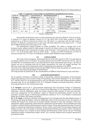 Performance of Fluidized Bed Biofilm Reactor For Nitrate Removal
www.ijres.org 45 | Page
Table 1: Comparison of some studies on denitrification using fluidized bed reactors
Form of
Nitrogen
Temperature
(0
C)
Concentration of
Nitrogen (mg l-1
)
Denitrification Rate
(kg N m-3
d-1
)
References
NO3
–
N 18-23 5 – 100 5.4 – 20.70 Jeris and Owens (1975).
NO3
–
N - 6.6 – 30 0.69 – 3.28 Hermanwicz and Cheng (1990).
NO3
–
N 30 15 – 300 3.23 – 18.70 Hirata and Meutia (1996).
NO3
–
N 20 20 3.5 MacDonald (1990).
NO3
–
N - 676 – 1500 11.8 – 17.7 Chen et al (1996).
NO3
–
N 23 1000 12 Rabah Fahid K. J., et al, (2004).
NO3
–
N 24.5 – 40.5 10 – 100
0.44 – 17.26
(Optimum 8.88)
This Study
Courtesy: Rabah [42].
Heterotrophic denitrification causes a release of hydroxyl ions and raises alkalinity. Each mg of nitrate-
N reduced to N2 causes an alkalinity increase of 3.57 mg CaCO3 [45]. In this study, average g of Alkali
produced per g of NO3
-
-N removed was found to be 3.60 which is in agreement with the value found in
literature. As alkalinity is produced, there is a rise in pH. pH of the influent was in the range of 6.56 – 7.15 and
that of effluent observed was in the range of 6.76 – 8.06.
The denitrification intensity depends on carbon availability. The carbon to nitrogen ratio in the
biological reactor influent should be high enough to denitrify all nitrates arisen in the nitrification process.
Komorowska-Kaufman [24], mentioned in his paper, many researchers’ work revealed the g ∆COD/g ∆N ratio
as 3.5 – 4.5. In the present study, based on all the results, average g of COD consumed per g of NO3
-
-N
removed is found to be 3.70. This is in confirmation with the results obtained by many researchers.
VI. CONCLUSION
The results of the investigation, demonstrated that the trend of the removal of NO3
-
-N is quite high up
to hydraulic retention time of 10 minutes. An average removal rate at this HRT observed was 88.13%. Also on
the initial NO3
-
-N concentration basis, it was observed that for initial concentrations upto 70 mg l-1
, the NO3
-
-N
removal rate was in increasing order but for higher concentrations, the trend was slightly declining. The
efficiency can be improved by using special culture of denitrifying microorganisms in the FBBR.
The result of this study demonstrated conclusively that FBBR with bone china fine granules as a biofilm carrier
media can be used with great advantages for denitrification.
This study provides the justification for the recommendation of FBBR for denitrification by many researchers.
VII. ACKNOWLEDGEMENT
We are grateful to Principal, Government College of Engineering, Amravati and Incharges of Environmental
Engineering Laboratory at Government College of Engineering, Amravati Prof. Mokadam A. M., Prof. Gulhane
M. L. and Prof. Rai R. K. for giving permission to carry out laboratory work in their Institute and their guidance
and timely help. We are also thankful to Prof. D. N. Shingade, Principal, Government Polytechnic, Amravati,
for giving permission to carry out the present study.
S. P. Burghate received M. E. (Environmental Engineering) from Government College of Engineering,
Amravati, Maharashtra, India in 1992. He is Lecturer in the Department of Civil Engineering, at Government
Polytechnic, Amravati, Maharashtra, India. His research interests include treatment of water and wastewater,
solid waste management. He has published 5 papers in National and International journals. He has also
presented 6 research articles in national and international conferences. He is a Life Member of professional
bodies like, IE (India), ISTE (India), and IWWA.
Dr. N. W. Ingole is a Professor and Head in the Department of Civil Engineering, Prof. Ram Meghe Institute of
Technology and Research, Badnera, Amravati, Maharashtra, India. He has more than 24 years of experience in
teaching and research. His current area of research includes treatment of water and wastewater, solid waste
management, Quality Engineering, Neural Networks, Optimization and Simulation. He has published more than
63 papers in refereed National and International journals of repute. He has also presented more than 10 research
articles in national and international conferences. He has written a book titled “Environmental Chemistry and
Pollution Control”. He is life member of National and International Professional Societies, Fellow of Institution
of Engineers (India). He is recipient of many National and International awards. He has also got “Promising
Engineering Teacher in Engineering Colleges Award”. He is currently dealing with few projects sponsored by
government of India.
 