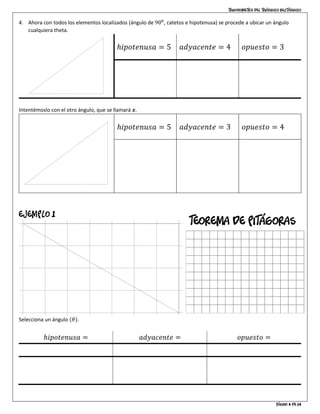 Trigonometría del triángulo rectángulo
Página 4 de 14
4. Ahora con todos los elementos localizados (ángulo de 900
, catetos e hipotenusa) se procede a ubicar un ángulo
cualquiera theta.
ℎ𝑖𝑝𝑜𝑡𝑒𝑛𝑢𝑠𝑎 = 5 𝑎𝑑𝑦𝑎𝑐𝑒𝑛𝑡𝑒 = 4 𝑜𝑝𝑢𝑒𝑠𝑡𝑜 = 3
sen 𝜃 =
3
5
cos 𝜃 =
4
5
tan 𝜃 =
3
4
Intentémoslo con el otro ángulo, que se llamará 𝒙.
ℎ𝑖𝑝𝑜𝑡𝑒𝑛𝑢𝑠𝑎 = 5 𝑎𝑑𝑦𝑎𝑐𝑒𝑛𝑡𝑒 = 3 𝑜𝑝𝑢𝑒𝑠𝑡𝑜 = 4
sen 𝑥 =
4
5
cos 𝑥 =
3
5
tan 𝑥 =
4
3
Ejemplo 1
Selecciona un ángulo ሺ𝜃ሻ.
ℎ𝑖𝑝𝑜𝑡𝑒𝑛𝑢𝑠𝑎 = 𝑎𝑑𝑦𝑎𝑐𝑒𝑛𝑡𝑒 = 𝑜𝑝𝑢𝑒𝑠𝑡𝑜 =
𝑠𝑜ℎ 𝑐𝑎ℎ 𝑡𝑜𝑎
sen 𝜃 =
7
√65
⋅
√65
√65
=
7√65
65
cos 𝜃 =
4
√65
⋅
√65
√65
=
4√65
65
tan 𝜃 =
7
4
teorema de Pitágoras
 