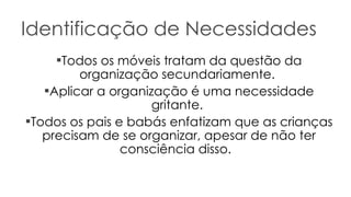 Identificação de Necessidades Todos os móveis tratam da questão da organização secundariamente.  Aplicar a organização é uma necessidade gritante.  Todos os pais e babás enfatizam que as crianças precisam de se organizar, apesar de não ter consciência disso.    