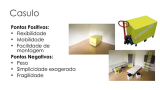 Casulo Pontos Positivos: Flexibilidade Mobilidade Facilidade de montagem Pontos Negativos: Peso Simplicidade exagerada Fragilidade 