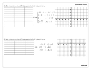Funcione definidas por partes
Página 9 de 10
16. 𝒉 es una función continua definida por partes lineales de la siguiente forma:
17. 𝒚 es una función continua definida por partes lineales de la siguiente forma:
ℎ(𝑡) =
‫ە‬
ۖ
ۖ
‫۔‬
ۖ
ۖ
‫ۓ‬
−1.6𝑡 − 13 , − 10 ≤ 𝑡 < −5
6𝑡 + 25 , − 5 ≤ 𝑡 < −4
1 , − 4 ≤ 𝑡 < 3
6
7
𝑡 −
11
7
, 3 ≤ 𝑡 ≤ 10
Función ℎ(𝑡) = (𝑡, ℎ)
−1.6𝑡 − 13 ℎ(−10) = 3 (−10,3)
ℎ(−5) = −5 (−5, −5)
6𝑡 + 25 ℎ(−5) = −5 (−5, −5)
ℎ(−4) = 1 (−4,1)
1 ℎ(−4) = 1 (−4,1)
ℎ(3) = 1 (3,1)
6
7
𝑡 −
11
7
ℎ(3) = 1 (3,1)
ℎ(10) = 7 (10,7)
𝑦(𝑡) =
‫ە‬
ۖ
‫۔‬
ۖ
‫ۓ‬
−0.5𝑡 − 8 , ሾ−10,2)
2.75𝑡 − 14.5 , ሾ2,6)
−0.25𝑡 + 3.5 , ሾ6,10]
Función 𝑦(𝑡) = (𝑡, 𝑦)
−0.5𝑡 − 8 𝑦(−10) = −3 (−10, −3)
𝑦(2) = −9 (2, −9)
2.75𝑡 − 14.5 𝑦(2) = −9 (2, −9)
𝑦(6) = 2 (6,2)
−0.25𝑡 − 3.5 𝑦(6) = 2 (6,2)
𝑦(10) = 1 (10,1)
 