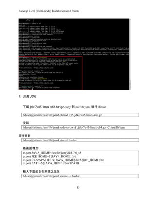 Hadoop 2.2.0 (multi-node) Installation on Ubuntu

5. 安裝 JDK
下載 jdk-7u45-linux-x64.tar.gz,copy 到 /usr/lib/jvm, 執行 chmod
hduser@ubuntu:/usr/lib/jvm$ chmod 755 jdk-7u45-linux-x64.gz
安裝
hduser@ubuntu:/usr/lib/jvm$ sudo tar zxvf ./jdk-7u45-linux-x64.gz -C /usr/lib/jvm
環境變數
hduser@ubuntu:/usr/lib/jvm$ vim ~/.bashrc
最後面增加
export JAVA_HOME=/usr/lib/jvm/jdk1.7.0_45
export JRE_HOME=${JAVA_HOME}/jre
export CLASSPATH=.:${JAVA_HOME}/lib:${JRE_HOME}/lib
export PATH=${JAVA_HOME}/bin:$PATH
輸入下面的命令來使之生效
hduser@ubuntu:/usr/lib/jvm$ source ~/.bashrc

10

 
