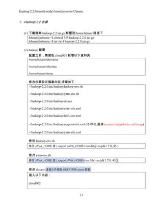 Hadoop 2.2.0 (multi-node) Installation on Ubuntu

7. Hadoop 2.2 安裝
(1) 下載檔案 hadoop-2.2.tar.gz,解壓到/home/hduser 路径下
hduser@ubuntu:~$ chmod 755 hadoop-2.2.0.tar.gz
hduser@ubuntu:~$ tar zxvf hadoop-2.2.0.tar.gz
(2) hadoop 配置
配置之前，需要在 cloud001 新增以下資料夾
/home/hduser/dfs/name
/home/hduser/dfs/data
/home/hduser/temp

修改相關設定擋案內容,清單如下
~/hadoop-2.2.0/etc/hadoop/hadoop-env.sh
~/hadoop-2.2.0/etc/hadoop/yarn-env.sh
~/hadoop-2.2.0/etc/hadoop/slaves
~/hadoop-2.2.0/etc/hadoop/core-site.xml
~/hadoop-2.2.0/etc/hadoop/hdfs-site.xml
~/hadoop-2.2.0/etc/hadoop/mapred-site.xml (不存在,直接 rename mapred-site.xml.temp)
~/hadoop-2.2.0/etc/hadoop/yarn-site.xml
修改 hadoop-env.sh
修改 JAVA_HOME 值（export JAVA_HOME=/usr/lib/jvm/jdk1.7.0_45）

修改 yarn-env.sh
修改 JAVA_HOME 值（exportJAVA_HOME=/usr/lib/jvm/jdk1.7.0_45）

修改 slaves (這個文件裡面 KEEP 所有 slave 節點)
寫入以下內容：
cloud002

12

 