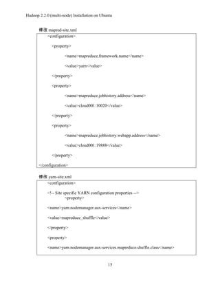 Hadoop 2.2.0 (multi-node) Installation on Ubuntu
修改 mapred-site.xml
<configuration>
<property>
<name>mapreduce.framework.name</name>
<value>yarn</value>
</property>
<property>
<name>mapreduce.jobhistory.address</name>
<value>cloud001:10020</value>
</property>
<property>
<name>mapreduce.jobhistory.webapp.address</name>
<value>cloud001:19888</value>
</property>
</configuration>
修改 yarn-site.xml
<configuration>
<!-- Site specific YARN configuration properties -->
<property>
<name>yarn.nodemanager.aux-services</name>
<value>mapreduce_shuffle</value>
</property>
<property>
<name>yarn.nodemanager.aux-services.mapreduce.shuffle.class</name>

15

 