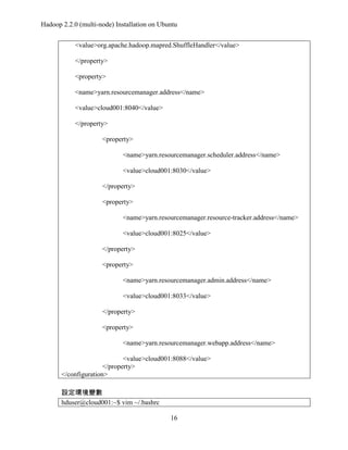 Hadoop 2.2.0 (multi-node) Installation on Ubuntu
<value>org.apache.hadoop.mapred.ShuffleHandler</value>
</property>
<property>
<name>yarn.resourcemanager.address</name>
<value>cloud001:8040</value>
</property>
<property>
<name>yarn.resourcemanager.scheduler.address</name>
<value>cloud001:8030</value>
</property>
<property>
<name>yarn.resourcemanager.resource-tracker.address</name>
<value>cloud001:8025</value>
</property>
<property>
<name>yarn.resourcemanager.admin.address</name>
<value>cloud001:8033</value>
</property>
<property>
<name>yarn.resourcemanager.webapp.address</name>
<value>cloud001:8088</value>
</property>
</configuration>
設定環境變數
hduser@cloud001:~$ vim ~/.bashrc
16

 