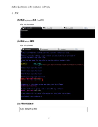 Hadoop 2.2.0 (multi-node) Installation on Ubuntu

2. 設定
(1) 修改 hostname,改成 cloud001
vim /etc/hostname

(2) 修改 hduser 權限 :
vim /etc/sudoers

(3) 系统升级到最新
sudo apt-get update

5

 