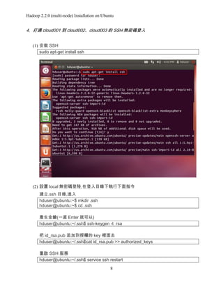 Hadoop 2.2.0 (multi-node) Installation on Ubuntu

4. 打通 cloud001 到 cloud002、cloud003 的 SSH 無密碼登入
(1) 安裝 SSH
sudo apt-get install ssh

(2) 設置 local 無密碼登陸,在登入目錄下執行下面指令
建立.ssh 目錄,進入
hduser@ubuntu:~$ mkdir .ssh
hduser@ubuntu:~$ cd .ssh
產生金鑰(一直 Enter 就可以)
hduser@ubuntu:~/.ssh$ ssh-keygen -t rsa
把 id_rsa.pub 追加到授權的 key 裡面去
hduser@ubuntu:~/.ssh$cat id_rsa.pub >> authorized_keys
重啟 SSH 服務
hduser@ubuntu:~/.ssh$ service ssh restart
8

 