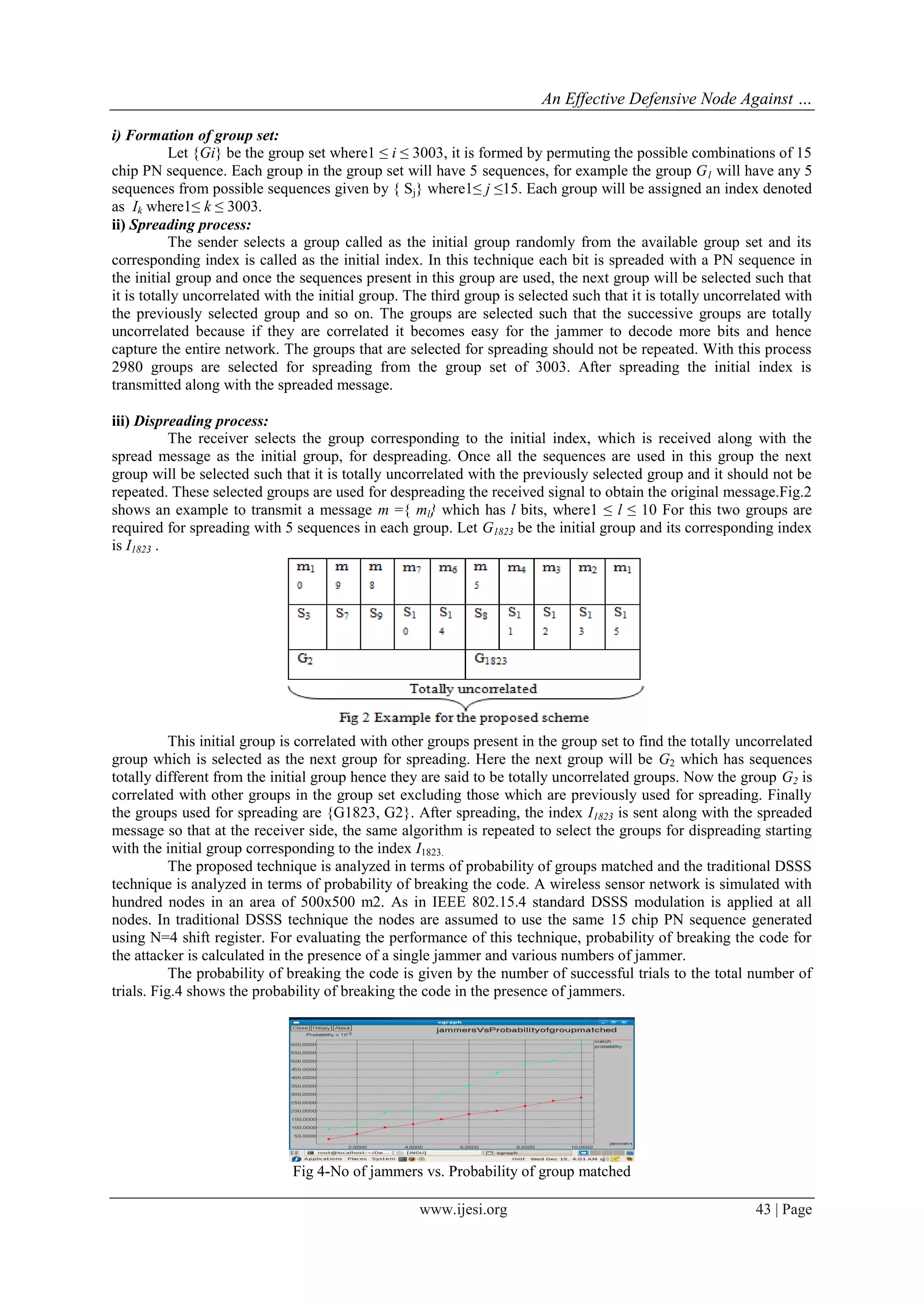 An Effective Defensive Node Against …
www.ijesi.org 43 | Page
i) Formation of group set:
Let {Gi} be the group set where1 ≤ i ≤ 3003, it is formed by permuting the possible combinations of 15
chip PN sequence. Each group in the group set will have 5 sequences, for example the group G1 will have any 5
sequences from possible sequences given by { Sj} where1≤ j ≤15. Each group will be assigned an index denoted
as Ik where1≤ k ≤ 3003.
ii) Spreading process:
The sender selects a group called as the initial group randomly from the available group set and its
corresponding index is called as the initial index. In this technique each bit is spreaded with a PN sequence in
the initial group and once the sequences present in this group are used, the next group will be selected such that
it is totally uncorrelated with the initial group. The third group is selected such that it is totally uncorrelated with
the previously selected group and so on. The groups are selected such that the successive groups are totally
uncorrelated because if they are correlated it becomes easy for the jammer to decode more bits and hence
capture the entire network. The groups that are selected for spreading should not be repeated. With this process
2980 groups are selected for spreading from the group set of 3003. After spreading the initial index is
transmitted along with the spreaded message.
iii) Dispreading process:
The receiver selects the group corresponding to the initial index, which is received along with the
spread message as the initial group, for despreading. Once all the sequences are used in this group the next
group will be selected such that it is totally uncorrelated with the previously selected group and it should not be
repeated. These selected groups are used for despreading the received signal to obtain the original message.Fig.2
shows an example to transmit a message m ={ ml} which has l bits, where1 ≤ l ≤ 10 For this two groups are
required for spreading with 5 sequences in each group. Let G1823 be the initial group and its corresponding index
is I1823 .
This initial group is correlated with other groups present in the group set to find the totally uncorrelated
group which is selected as the next group for spreading. Here the next group will be G2 which has sequences
totally different from the initial group hence they are said to be totally uncorrelated groups. Now the group G2 is
correlated with other groups in the group set excluding those which are previously used for spreading. Finally
the groups used for spreading are {G1823, G2}. After spreading, the index I1823 is sent along with the spreaded
message so that at the receiver side, the same algorithm is repeated to select the groups for dispreading starting
with the initial group corresponding to the index I1823.
The proposed technique is analyzed in terms of probability of groups matched and the traditional DSSS
technique is analyzed in terms of probability of breaking the code. A wireless sensor network is simulated with
hundred nodes in an area of 500x500 m2. As in IEEE 802.15.4 standard DSSS modulation is applied at all
nodes. In traditional DSSS technique the nodes are assumed to use the same 15 chip PN sequence generated
using N=4 shift register. For evaluating the performance of this technique, probability of breaking the code for
the attacker is calculated in the presence of a single jammer and various numbers of jammer.
The probability of breaking the code is given by the number of successful trials to the total number of
trials. Fig.4 shows the probability of breaking the code in the presence of jammers.
Fig 4-No of jammers vs. Probability of group matched
 