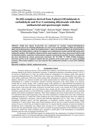 IOSR Journal of Pharmacy
e-ISSN: 2250-3013, p-ISSN: 2319-4219, www.iosrphr.org
Volume 2 Issue 6 ‖‖ Nov-Dec. 2012 ‖‖ PP.45-49

     Sb (III) complexes derived from 5-phenyl-1H-imidazole-4-
     carbaldehyde and O or S containing dihydrazide with their
                antibacterial and spectroscopic studies
         Gajendra Kumar1*,Vidhi Singh1, Kulvant Singh2, Iftakhar Ahmad2,
            Dharmendra Singh Yadav2, Amit Kumar2, Nupur Shishodia2
                 1
                  Chemical Science Laboratory, BIT Muzaffarnagar 251315(UP) India,
                 2
                  Department of Chemistry Meerut College Meerut (U.P) 250001 India.


Abstract: Schiff base ligand [C21H18N8O] was synthesized by reacting 5-phenyl-1H-imidazole-4-
carbaldehyde and S or O containing dihydrazide (2:1) and a series of metal complexes [Sb(C21H18N8O)Cl]Cl2,
[Sb(C21H18N8O)NO3](NO3)2, [Sb(C21H18N8O)OAc](OAc)2, [Sb(C21H18N8S)Cl]Cl2, [Sb(C21H18N8S)NO3](NO3)2,
and [Sb(C21H18N8S)OAc](OAc)2 with the new ligands were synthesized by reaction with Sb (III) metal salt in
methanolic medium. The Schiff base ligand and their metal complexes have been characterized with the help
of elemental analysis, conductance measurements, magnetic measurements and their structure configuration
has been determined by various spectroscopic (electronic, IR, 1H NMR, 13C NMR, GCMS) techniques.
Electronic spectra of the complexes indicate that the geometry of the metal center was square pyramidal
geometry. These metal complexes were also tested for their antibacterial activities to assess their inhibiting
potential.
Keyword: Schiff base, Sb(III), Antibacterial activity.

                                        I.       INTRODUCTION
          Transition metals are known to form Schiff base complexes and Schiff bases have often been used as
chelating ligands in the field of coordination chemistry. Compound containing an azomethine group (−CH=N−)
are known as Schiff base [1]. They are usually formed by condensation of a primary amine with carbonyl
compound (aldehyde/ketone) [1]. Schiff bases that contain aryl substituents are substantially more stable and
more readily synthesized, while those which contain alkyl substituents are relatively unstable. Schiff bases of
aliphatic aldehydes are relatively unstable and readily polymerizable [2]. Schiff bases appear to be important
intermediates in a number of enzymatic reactions involving interaction of the amino group of an enzyme,
usually that of a lysine residue, with a carbonyl group of the substrate [3]. Stereochemical investigations [4]
carried out with the aid of molecular models showed that Schiff bases formed between methylglyoxal and the
amino group of the lysine side chains of proteins can bend back in such a way towards the N atom of peptide
groups that a charge transfer can occur between these groups and the oxygen atoms of the Schiff bases.
Transition metals are known to form Schiff base complexes and Schiff bases have often been used as chelating
ligands in the field of coordination chemistry. Their metal complexes have been of great interest for many years.
It is well known that N and S atoms play a key role in the coordination of metals at the active sites of numerous
metallobiomolecules [5]. Schiff base metal complexes have been widely studied because they have industrial,
antifungal, antibacterial, anticancer, antiviral and herbicidal applications [6-11]. They serve as models for
biologically important species and find applications in biomimetic catalytic reactions. Chelating ligands
containing N, S and O donor atoms show broad biological activity and are of special interest because of the
variety of ways in which they are bonded to metal ions. It is known that the existence of metal ions bonded to
biologically active compounds may enhance their activities [9-11]. Schiff base metal complexes have been
known since the mid nineteenth century [12] and even before the general preparation of the Schiff bases ligands
themselves. Schiff base metal complexes have occupied a central place in the development of coordination
chemistry after the work of Jorgensen and Werner [13].
          In the present work Schiff base ligand was synthesized by the condensation of 5-phenyl-1H-imidazole-
4-carbaldehyde and N or S containing hydrazide (carbonohydrazide, thiocarbonohydrazide) (2:1) and a series of
metal salt were synthesized by the reaction of ligand with Sb(III) metal salt.




                                                       45
 