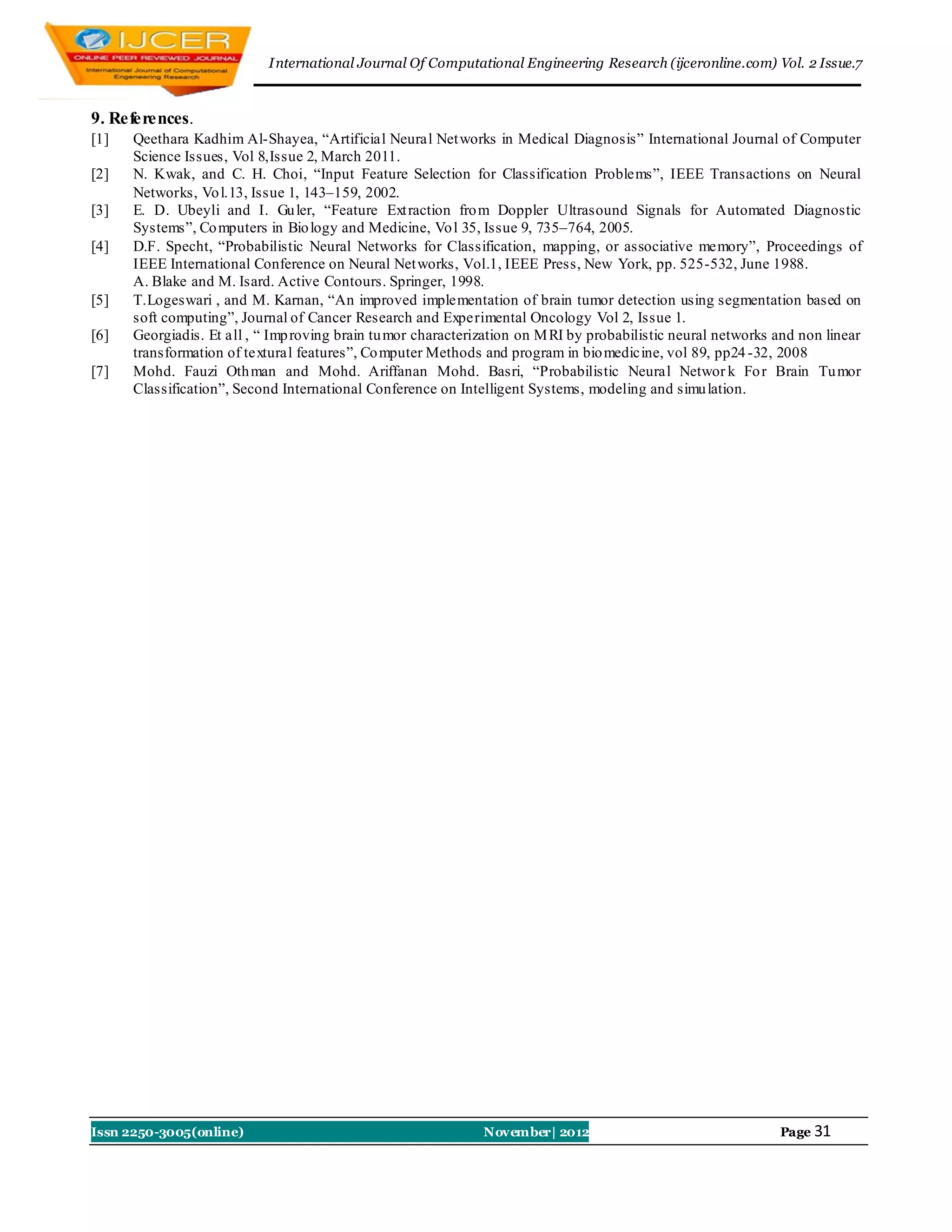 I nternational Journal Of Computational Engineering Research (ijceronline.com) Vol. 2 Issue.7



9. References.
[1]   Qeethara Kadhim Al-Shayea, “Artificial Neural Net works in Medical Diagnosis” International Journal of Computer
      Science Issues, Vol 8,Issue 2, March 2011.
[2]   N. Kwak, and C. H. Choi, “Input Feature Selection for Classification Problems”, IEEE Transactions on Neural
      Networks, Vo l.13, Issue 1, 143–159, 2002.
[3]   E. D. Ubeyli and I. Gu ler, “Feature Ext raction fro m Doppler Ultrasound Signals for Automated Diagnostic
      Systems”, Co mputers in Bio logy and Medicine, Vo l 35, Issue 9, 735–764, 2005.
[4]   D.F. Specht, “Probabilistic Neural Networks for Classification, mapping, or associative memory”, Proceedings of
      IEEE International Conference on Neural Net works, Vol.1, IEEE Press, New York, pp. 525-532, June 1988.
      A. Blake and M. Isard. Active Contours. Springer, 1998.
[5]   T.Logeswari , and M. Karnan, “An improved implementation of brain tumor detection using segmentation based on
      soft computing”, Journal of Cancer Research and Experimental Oncology Vol 2, Issue 1.
[6]   Georgiadis. Et all , “ Imp roving brain tu mor characterization on M RI by probabilistic neural networks and non linear
      transformation of textural features”, Co mputer Methods and program in bio medicine, vol 89, pp24 -32, 2008
[7]   Mohd. Fauzi Oth man and Mohd. Ariffanan Mohd. Basri, “Probabilistic Neural Networ k Fo r Brain Tu mor
      Classification”, Second International Conference on Intelligent Systems, modeling and simu lation.




Issn 2250-3005(online)                                         November| 2012                                  Page 31
 
