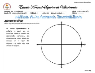 Gráficas de funciones trigonométricas
Página 1 de 9
Escuela Normal Superior de Villavicencio
NOMBRE DEL ESTUDIANTE: ____________________________________________________ ÁREA: TRIGONOMETRÍA
DOCENTE: ARMANDO GONZÁLEZ PERÍODO: 2 GUÍA: 03 GRADO: DÉCIMO -__ FECHA: _______
Circulo unitario
Ubique los puntos principales en coordenadas del circulo unitario
Un círculo trigonométrico o
unitario es aquel que se
construye sobre un sistema de
coordenadas cartesiano, de
manera que el centro del círculo
coincida con el origen del
sistema y su radio mida una
unidad de longitud.
 