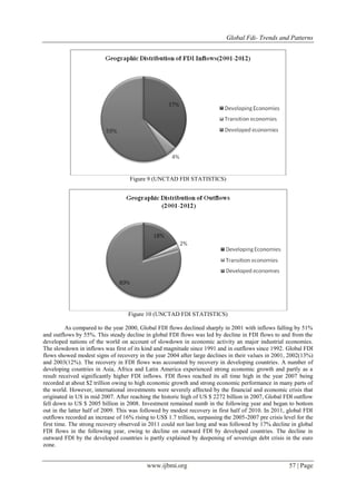 Global Fdi- Trends and Patterns
www.ijbmi.org 57 | Page
Figure 9 (UNCTAD FDI STATISTICS)
Figure 10 (UNCTAD FDI STATISTICS)
As compared to the year 2000, Global FDI flows declined sharply in 2001 with inflows falling by 51%
and outflows by 55%. This steady decline in global FDI flows was led by decline in FDI flows to and from the
developed nations of the world on account of slowdown in economic activity an major industrial economies.
The slowdown in inflows was first of its kind and magnitude since 1991 and in outflows since 1992. Global FDI
flows showed modest signs of recovery in the year 2004 after large declines in their values in 2001, 2002(13%)
and 2003(12%). The recovery in FDI flows was accounted by recovery in developing countries. A number of
developing countries in Asia, Africa and Latin America experienced strong economic growth and partly as a
result received significantly higher FDI inflows. FDI flows reached its all time high in the year 2007 being
recorded at about $2 trillion owing to high economic growth and strong economic performance in many parts of
the world. However, international investments were severely affected by the financial and economic crisis that
originated in US in mid 2007. After reaching the historic high of US $ 2272 billion in 2007, Global FDI outflow
fell down to US $ 2005 billion in 2008. Investment remained numb in the following year and began to bottom
out in the latter half of 2009. This was followed by modest recovery in first half of 2010. In 2011, global FDI
outflows recorded an increase of 16% rising to US$ 1.7 trillion, surpassing the 2005-2007 pre crisis level for the
first time. The strong recovery observed in 2011 could not last long and was followed by 17% decline in global
FDI flows in the following year, owing to decline on outward FDI by developed countries. The decline in
outward FDI by the developed countries is partly explained by deepening of sovereign debt crisis in the euro
zone.
 