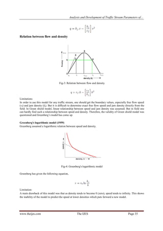 Analysis and Development of Traffic Stream Parameters of…
www.theijes.com The IJES Page 35
Relation between flow and density
Fig-3: Relation between flow and density
Limitations
In order to use this model for any traffic stream, one should get the boundary values, especially free flow speed
(vf) and jam density (kj). But it is difficult to determine exact free flow speed and jam density directly from the
field. In Green shield model, linear relationship between speed and jam density was assumed. But in field one
can hardly find such a relationship between speed and density. Therefore, the validity of Green shield model was
questioned and Greenberg’s model has come up.
Greenberg's logarithmic model (1959)
Greenberg assumed a logarithmic relation between speed and density.
Fig-4: Greenberg's logarithmic model
Greenberg has given the following equation,
Limitation:
A main drawback of this model was that as density tends to become 0 (zero), speed tends to infinity. This shows
the inability of the model to predict the speed at lower densities which puts forward a new model.
 