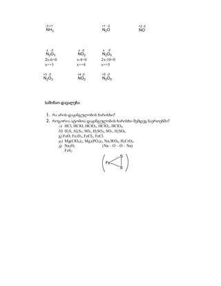-3 +1                            +1 -2                +2 -2
 NH3                              N2O                  NO



  x -2               x -2         x   -2
 N2O3                NO2          N2O5
 2x-6=0             x-4=0        2x-10=0
 x=+3               x=+4         x=+5

+3 -2               +4 -2         +5 -2
N2O3                NO2           N2O5




 საშინაო დავალება:


 1. რა არის დაჟანგულობის ხარისხი?
 2. როგორია ატომთა დაჟანგულობის ხარისხი შემდეგ ნაერთებში?
          a) HCl, HClO, HClO2, HClO3, HClO4.
          b) H2S, Al2S3, SO2, H2SO3, SO3, H2SO4.
          გ) FeO, Fe2O3, FeCl2, FeCl.
          d) Mg(ClO4)2, Mg3(PO4)2, Na2WO4, H2CrO4.
          e) Na2O2                 (Na – O – O – Na)
              FeS2
                                             S
                                      Fe
                                            S
 