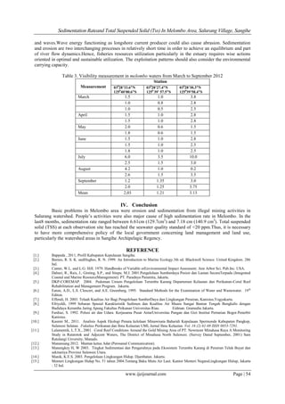Sedimentation Rateand Total Suspended Solid (Tss) In Melombo Area, Salurang Village, Sangihe
www.ijeijournal.com Page | 54
and waves.Wave energy functioning as longshore current producer could also cause abrasion. Sedimentation
and erosion are two interchanging processes in relatively short time in order to achieve an equilibrium and part
of river flow dynamics.Hence, fisheries resources utilization particularly in the estuary requires wise actions
oriented in optimal and sustainable utilization. The exploitation patterns should also consider the environmental
carrying capacity.
Table 3. Visibility measurement in melombo waters from March to September 2012
Measurement
Station
030
28’33.6”N
1250
40’00.6”S
030
28’27.4”N
1250
39’ 57.5”S
030
28’30.3”N
1250
39’58.4”S
March 1.5 1.0 3.8
1.0 0.8 2.8
1.0 0.5 2.5
April 1.5 1.0 2.8
1.5 1.0 2.8
May 2.0 0.6 1.5
1.8 0.6 1.5
June 1.5 1.0 2.8
1.5 1.0 2.5
1.8 1.0 2.5
July 6.0 3.5 10.0
2.5 1.5 3.0
August 4.2 1.0 0.2
2.6 1.5 3.5
September 1.2 1.35 3.0
2.0 1.25 3.75
Mean 2,03 1.21 3.13
IV. Conclusion
Basic problems in Melombo area were erosion and sedimentation from illegal mining activities in
Salurang watershed. People‟s activities were also major cause of high sedimentation rate in Melombo. In the
last8 months, sedimentation rate ranged between 6.61cm (129.7cm3
) and 7.18 cm (140.9 cm3
). Total suspended
solid (TSS) at each observation site has reached the seawater quality standard of <20 ppm.Thus, it is necessary
to have more comprehensive policy of the local government concerning land management and land use,
particularly the watershed areas in Sangihe Archipelagic Regency.
REFERENCE
[1.] Bappeda , 2011, Profil Kabupaten Kepulauan Sangihe.
[2.] Barnes, R. S. K. andHughes, R. N. 1999. An Introduction to Marine Ecology.3th ed. Blackwell Science. United Kingdom. 286
hal.
[3.] Canter, W.L. and L.G. Hill. 1979. Handbooks of Variable orEnvironmental Impact Assesment. Ann Arbor Sci. Pub.Inc. USA.
[4.] Dahuri, R., Rais, J., Ginting, S.P., and Sitepu. M.J. 2001.Pengelolaan Sumberdaya Pesisir dan Lautan SecaraTerpadu (Integrated
Coastal and Marine ResourceManagement). PT. Paradnya Paramita, Jakarta.
[5.] DKP-COREMAP. 2004. Pedoman Umum Pengelolaan Terumbu Karang Departemen Kelautan dan Perikanan-Coral Reef
Rehabilitation and Management Program. Jakarta.
[6.] Eaton, A.D., L.S. Clesceri, and A.E. Greenberg, 1995. Standard Methods for the Examination of Water and Wastewater. 19th
Editon.
[7.] Effendi, H. 2003. Telaah Kualitas Air Bagi Pengelolaan SumberDaya dan Lingkungan Perairan, Kanisius,Yogyakarta.
[8.] Efriyeldi, 1999 Sebaran Spasial Karakteristik Sedimen dan Kualitas Air Muara Sungai Bantan Tengah Bengkalis dengan
Budidaya Keramba Jaring Apung Fakultas Peikanan Universitas Riau. Eidman. Gramedia Jakarta.
[9.] Fardiaz, S. 1992. Polusi air dan Udara. Kerjasama Pusat AntarUniversitas Pangan dan Gizi Institut Pertanian Bogor.Penerbit
Kanisius.
[10.] Kasmir M., 2011. Analisis Aspek Ekologi Penata kelolaan Minawisata Baharidi Kepulauan Spermonde Kabupaten Pangkep,
Sulawesi Selatan. Fakultas Perikanan dan Ilmu Kelautan UMI, Jurnal Ilmu Kelautan. Vol. 16 (2) 61-69 ISSN 0853-7291.
[11.] Lalamentik, L.T.X., 2001. Coral Reef Conditions Around the Gold Mining Area of PT. Newmont Minahasa Raya A Monitoring
Study in Ratatotok and Adjecent Waters, The District of Minahasa North Sulawesi. (Survey Dated September, 2001) Sam
Ratulangi Unversity, Manado.
[12.] Manansang 2012. Mantan ketua Adat (Perosanal Communication).
[13.] Manengkey H, W 2003. Tingkat Sedimentasi dan Pengaruhnya pada Ekosistem Terumbu Karang di Perairan Teluk Buyat dan
sekitarnya Provinsi Sulawesi Utara.
[14.] Manik, K.E.S. 2003. Pengelolaan Lingkungan Hidup. Djambatan. Jakarta.
[15.] Menteri Lingkungan Hidup No. 51 tahun 2004.Tentang Baku Mutu Air Laut. Kantor Menteri NegaraLingkungan Hidup, Jakarta
: 32 hal.
 
