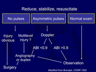 No pulses Asymmetric pulses Normal exam
Reduce, stabilize, resuscitate
Injury
obvious
Multilevel
injury ?
Doppler
ABI >0.9ABI <0.9
Angiography
or duplex
Surgery
Observation
Modified from Brandyk, CORR 1005
 