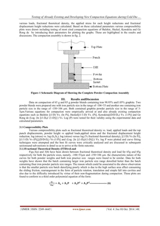 Testing of Already Existing and Developing New Compaction Equations during Cold Die…. 
| IJMER | ISSN: 2249–6645 | www.ijmer.com | Vol. 4 | Iss.10| Oct. 2014 | 48| 
various loads, fractional theoretical density, the applied stress for each height reductions and fractional displacement height reductions were calculated. Based on these calculated parameters various compressibility plots were drawn including testing of most cited compaction equations of Balshin, Heckel, Kawakita and Ge Rong de by introducing their parameters for plotting the graphs. These are highlighted in the results and discussions. The compaction assembly is shown in fig. 2. 
Figure 1 Schematic Diagram of Showing the Complete Powder Compaction Assembly III. Results andDiscussion Data on compaction of 65 g and 85 g powder blends containing iron 98.95% and1.05% graphite. Two powder blends were prepared one with iron particle size in the range of -106+53 and another one containing iron particle size in the range of -150+106 μm. Both contained graphite powder particle size in the range of 3- 5μm.Various equations for compaction were empirically arrived at and also already existing compaction equations such as Balshin [(1/D) Vs. (ln P)], Heckel[(1/1-D) Vs. (P)], Kawakita[(D/D-Do) Vs. (1/P)] and Ge Rong de (Log {ln [(1-D0)/ (1-D)]}) Vs. Log (P) were tested for their validity using the experimental data and calculated parameters. 3.1 Compressibility Plots Various compressibility plots such as fractional theoretical density vs. load, applied loads and the top punch displacements, powder height vs applied loads,applied stress and the fractional displacement height reduction, log (stress) vs. log (ho/hc), log (stress) versus log (% fractional theoretical density), [(1/D) Vs (ln P)], [(1/1-D) Vs (P)],[(D/D-Do) Vs (1/P)] and (Log {ln [(1-D0)/(1-D)]}) Vs. log P were plotted and curve fitting techniques were attempted and the best fit curves were critically analyzed and are discussed in subsequent sectionsand sub-sections in detail so as to arrive at the finite outcome. 3.1.1Fractional Theoretical Density (FTD)vsLoad Figs.3(a) and 3(b) have been drawn between fractional theoretical density and load for 65g and 85g respectively for both the particle sizes, namely, -106+53μm and -150+106 μm. the characteristic nature of the curves for both powder weights and both iron practice size ranges were found to be similar. Data for both weights have shown that the batch containing larger iron particle size range densified better than the batch containing finer iron powder particle size ranges. The reason which could be associated to the above observation is that the smaller particle size batch densifying poorly which is due to the high surface area effect consuming the sliding friction, rearrangement in the form of particle rotation, translation and simple fall into cavities and also due to the difficulty introduced by virtue of their non-fragmentation during compaction. These plots are found to conform to a third order polynomial equation of the form: ( 훒퐟 훒퐭퐡 )=퐀퐨+퐀ퟏ퐏+퐀ퟐ퐏ퟐ+퐀ퟑ퐏ퟑ------------------- (6)  
