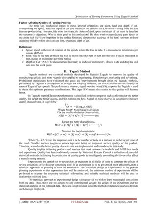 Optimization of Turning Parameters Using Taguchi Method | PDF
