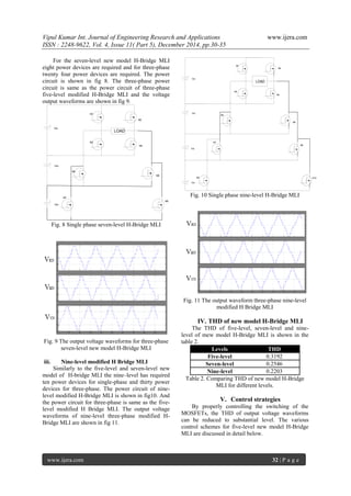 Vipul Kumar Int. Journal of Engineering Research and Applications www.ijera.com
ISSN : 2248-9622, Vol. 4, Issue 11( Part 5), December 2014, pp.30-35
www.ijera.com 32 | P a g e
For the seven-level new model H-Bridge MLI
eight power devices are required and for three-phase
twenty four power devices are required. The power
circuit is shown in fig 8. The three-phase power
circuit is same as the power circuit of three-phase
five-level modified H-Bridge MLI and the voltage
output waveforms are shown in fig 9.
M1
M2
M5
M6
M3
M4
Vdc
Vdc
Vdc
M7
M8
LOAD
Fig. 8 Single phase seven-level H-Bridge MLI
Fig. 9 The output voltage waveforms for three-phase
seven-level new model H-Bridge MLI
iii. Nine-level modified H Bridge MLI
Similarly to the five-level and seven-level new
model of H-bridge MLI the nine–level has required
ten power devices for single-phase and thirty power
devices for three-phase. The power circuit of nine-
level modified H-Bridge MLI is shown in fig10. And
the power circuit for three-phase is same as the five-
level modified H Bridge MLI. The output voltage
waveforms of nine-level three-phase modified H-
Bridge MLI are shown in fig 11.
M1
M2
M5
M6
M3
M4
Vdc
Vdc
Vdc
M7
M8
Vdc
M10M9
LOAD
Fig. 10 Single phase nine-level H-Bridge MLI
Fig. 11 The output waveform three-phase nine-level
modified H Bridge MLI
IV. THD of new model H-Bridge MLI
The THD of five-level, seven-level and nine-
level of mew model H-Bridge MLI is shown in the
table 2.
Levels THD
Five-level 0.3192
Seven-level 0.2546
Nine-level 0.2203
Table 2. Comparing THD of new model H-Bridge
MLI for different levels.
V. Control strategies
By properly controlling the switching of the
MOSFETs, the THD of output voltage waveforms
can be reduced to substantial level. The various
control schemes for five-level new model H-Bridge
MLI are discussed in detail below.
 