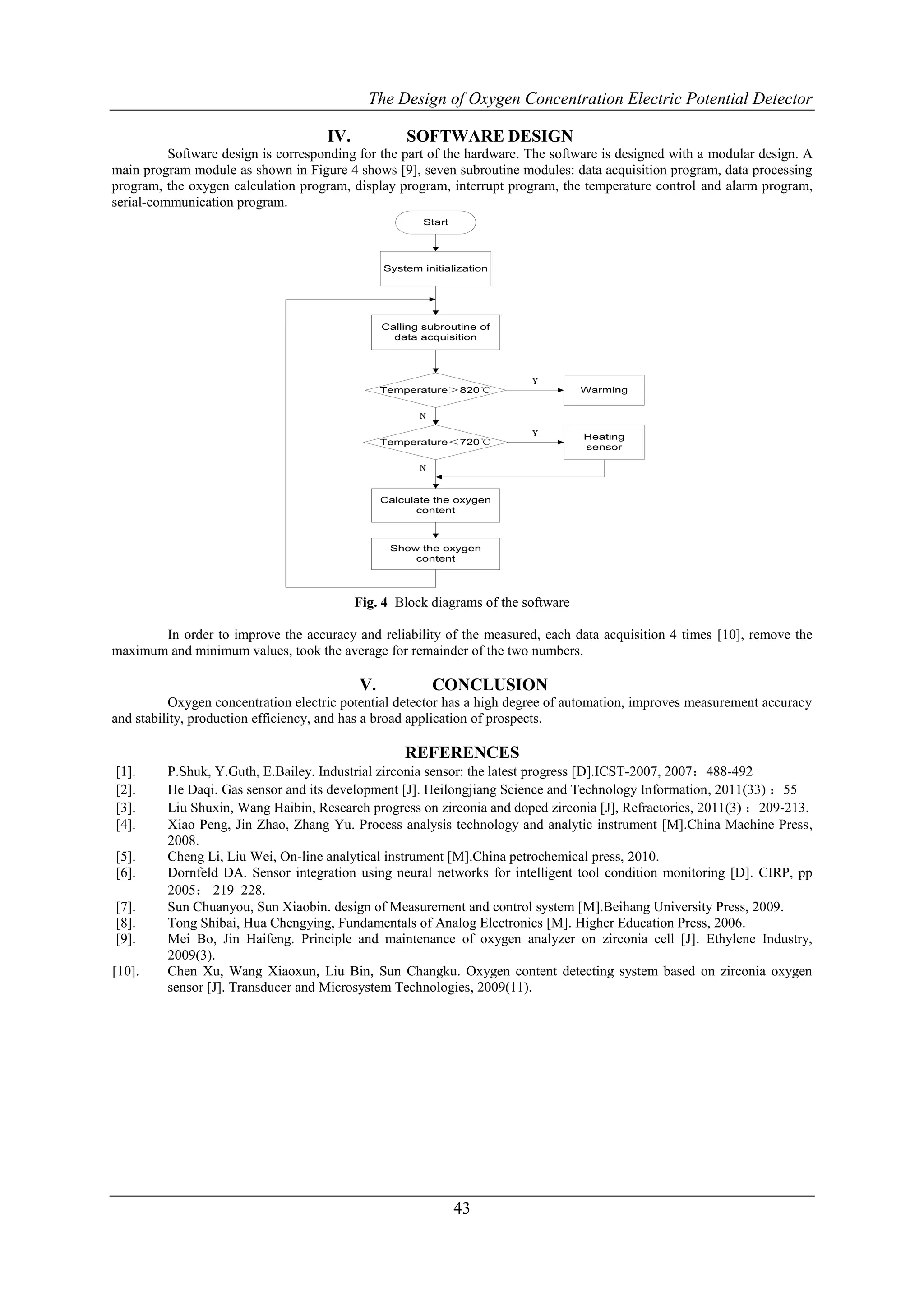 The Design of Oxygen Concentration Electric Potential Detector

                                     IV.            SOFTWARE DESIGN
          Software design is corresponding for the part of the hardware. The software is designed with a modular design. A
main program module as shown in Figure 4 shows [9], seven subroutine modules: data acquisition program, data processing
program, the oxygen calculation program, display program, interrupt program, the temperature control and alarm program,
serial-communication program.
                                                        Start




                                                System initialization




                                                Calling subroutine of
                                                  data acquisition




                                                                         Y
                                                Temperature＞820℃                   Warming


                                                       N

                                                                         Y         Heating
                                                Temperature＜720℃
                                                                                   sensor

                                                       N


                                                Calculate the oxygen
                                                      content



                                                 Show the oxygen
                                                     content




                                           Fig. 4 Block diagrams of the software

       In order to improve the accuracy and reliability of the measured, each data acquisition 4 times [10], remove the
maximum and minimum values, took the average for remainder of the two numbers.

                                           V.              CONCLUSION
          Oxygen concentration electric potential detector has a high degree of automation, improves measurement accuracy
and stability, production efficiency, and has a broad application of prospects.

                                                    REFERENCES
[1].     P.Shuk, Y.Guth, E.Bailey. Industrial zirconia sensor: the latest progress [D].ICST-2007, 2007：488-492
[2].     He Daqi. Gas sensor and its development [J]. Heilongjiang Science and Technology Information, 2011(33) ：55
[3].     Liu Shuxin, Wang Haibin, Research progress on zirconia and doped zirconia [J], Refractories, 2011(3) ：209-213.
[4].     Xiao Peng, Jin Zhao, Zhang Yu. Process analysis technology and analytic instrument [M].China Machine Press,
         2008.
[5].     Cheng Li, Liu Wei, On-line analytical instrument [M].China petrochemical press, 2010.
[6].     Dornfeld DA. Sensor integration using neural networks for intelligent tool condition monitoring [D]. CIRP, pp
         2005： 219–228.
[7].     Sun Chuanyou, Sun Xiaobin. design of Measurement and control system [M].Beihang University Press, 2009.
[8].     Tong Shibai, Hua Chengying, Fundamentals of Analog Electronics [M]. Higher Education Press, 2006.
[9].     Mei Bo, Jin Haifeng. Principle and maintenance of oxygen analyzer on zirconia cell [J]. Ethylene Industry,
         2009(3).
[10].    Chen Xu, Wang Xiaoxun, Liu Bin, Sun Changku. Oxygen content detecting system based on zirconia oxygen
         sensor [J]. Transducer and Microsystem Technologies, 2009(11).




                                                                43
 