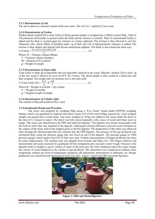 Comparative Evaluation of Fiber-…
www.theijes.com The IJES Page 40
2.3.3 Determination of Ash
The ash is taken as a mineral content of the raw waste. The A.O.A.C method [7] was used.
2.3.4 Determination of Carbon
Walkey-Black method [9] is used. 0.05g of finely ground sample is weighed into a 500ml conical flask. 10ml of
1M potassium dichromate is poured inside the flask and the mixture is swirled. 20ml of concentrated H2SO4 is
added and the flask is swirled again for 1minute in a fume cupboard. The mixture is then allowed to cool for
30minutes after which 200ml of distilled water; 1g of NaF and 1ml of diphenylamine indicator is added. The
mixture is then shaken and titrated with ferrous ammonium sulphate. The blank is also treated the same way.
% Carbon = ……………………………… (2)
Where: B = Titration volume (Blank)
T = Titration volume (Sample)
M = Molarity of Fe solution
g = Weight of sample
2.3.5 Determination of Total solids
Total solids is made up of digestible and non digestible material in the waste. Maynell method [10] is used. 3g
of the raw waste is dried in an oven at105o
C for 5 hours. The dried sample is then cooled in a dessicator and
then weighed. The weight after all moisture loss is the total solid.
% Total solids (TS) = ……………………………….. (3)
Where B = Weight of crucible + dry residue
C = Weight of crucible
g = Original weight of sample
2.3.6 Determination of Volatile solids
The method of Meynell method [10] is used.
2.4 Experimental Design and Procedure
The slurry was prepared by weighing 90kg using a “Five Goats” brand model Z059599 weighing
balance which was graduated in imperial and metric scales of 0-110Lb and 0-50kg respectively. Each weighed
sample was poured into a small drum. Tap water weighed at 191kg was added to the waste inside the drum in
the ratio of 1:2 (waste to water). The slurry was fully stirred manually with a piece of wood until there were no
lumps. The waste was transferred to the FRP and metal bio-digester. The digester was stirred occasionally with
the built-in stirrer that was attached to the digester. Subsequent stirring followed to prevent scum formation at
the surface of the slurry and to free trapped gases in the bio-digester. The temperature of the slurry was observed
daily through the thermocouple that was inserted into the FRP digester. The pressure of the gas produced was
monitored daily using the pressure gauge that was fixed on top of the digester. The pressure gauge (a VDO
pressure gauge) which ranges from 0-0.25 bars was used. Volume measurements of biogas produced was done
by water displacement. The method used was adopted from Ezeoha and Idike [11]. The biogas collector and
measurement unit used consisted of a graduated 20 litre transparent jerry-can and a water trough. Pressure in the
digester tends to displace a given volume of water in the jerry-can; the water displaced enters the water trough,
the volume of water displaced is the volume of gas produced. The experiment was conducted at ambient room
temperature without any form of temperature regulation, pH adjustment, pretreatment of substrates, etc. Biogas
production was monitored and measured for forty five days. Figure 1 shows the FRP and metal digesters.
Figure 1: FRP and Metal Digesters
 