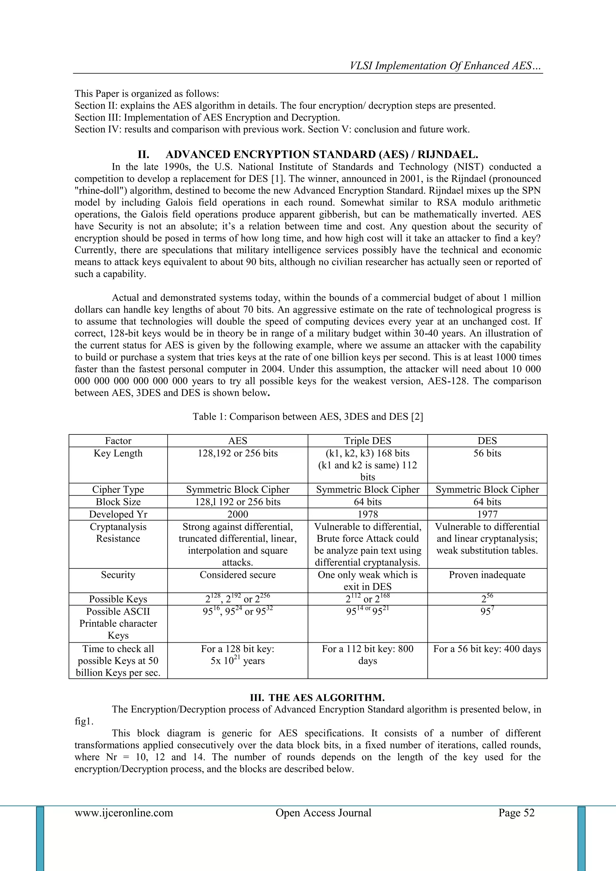VLSI Implementation Of Enhanced AES…
www.ijceronline.com Open Access Journal Page 52
This Paper is organized as follows:
Section II: explains the AES algorithm in details. The four encryption/ decryption steps are presented.
Section III: Implementation of AES Encryption and Decryption.
Section IV: results and comparison with previous work. Section V: conclusion and future work.
II. ADVANCED ENCRYPTION STANDARD (AES) / RIJNDAEL.
In the late 1990s, the U.S. National Institute of Standards and Technology (NIST) conducted a
competition to develop a replacement for DES [1]. The winner, announced in 2001, is the Rijndael (pronounced
"rhine-doll") algorithm, destined to become the new Advanced Encryption Standard. Rijndael mixes up the SPN
model by including Galois field operations in each round. Somewhat similar to RSA modulo arithmetic
operations, the Galois field operations produce apparent gibberish, but can be mathematically inverted. AES
have Security is not an absolute; it’s a relation between time and cost. Any question about the security of
encryption should be posed in terms of how long time, and how high cost will it take an attacker to find a key?
Currently, there are speculations that military intelligence services possibly have the technical and economic
means to attack keys equivalent to about 90 bits, although no civilian researcher has actually seen or reported of
such a capability.
Actual and demonstrated systems today, within the bounds of a commercial budget of about 1 million
dollars can handle key lengths of about 70 bits. An aggressive estimate on the rate of technological progress is
to assume that technologies will double the speed of computing devices every year at an unchanged cost. If
correct, 128-bit keys would be in theory be in range of a military budget within 30-40 years. An illustration of
the current status for AES is given by the following example, where we assume an attacker with the capability
to build or purchase a system that tries keys at the rate of one billion keys per second. This is at least 1000 times
faster than the fastest personal computer in 2004. Under this assumption, the attacker will need about 10 000
000 000 000 000 000 000 years to try all possible keys for the weakest version, AES-128. The comparison
between AES, 3DES and DES is shown below.
Table 1: Comparison between AES, 3DES and DES [2]
Factor AES Triple DES DES
Key Length 128,192 or 256 bits (k1, k2, k3) 168 bits
(k1 and k2 is same) 112
bits
56 bits
Cipher Type Symmetric Block Cipher Symmetric Block Cipher Symmetric Block Cipher
Block Size 128,l 192 or 256 bits 64 bits 64 bits
Developed Yr 2000 1978 1977
Cryptanalysis
Resistance
Strong against differential,
truncated differential, linear,
interpolation and square
attacks.
Vulnerable to differential,
Brute force Attack could
be analyze pain text using
differential cryptanalysis.
Vulnerable to differential
and linear cryptanalysis;
weak substitution tables.
Security Considered secure One only weak which is
exit in DES
Proven inadequate
Possible Keys 2128
, 2192
or 2256
2112
or 2168
256
Possible ASCII
Printable character
Keys
9516
, 9524
or 9532
9514 or
9521
957
Time to check all
possible Keys at 50
billion Keys per sec.
For a 128 bit key:
5x 1021
years
For a 112 bit key: 800
days
For a 56 bit key: 400 days
III. THE AES ALGORITHM.
The Encryption/Decryption process of Advanced Encryption Standard algorithm is presented below, in
fig1.
This block diagram is generic for AES specifications. It consists of a number of different
transformations applied consecutively over the data block bits, in a fixed number of iterations, called rounds,
where Nr = 10, 12 and 14. The number of rounds depends on the length of the key used for the
encryption/Decryption process, and the blocks are described below.
 