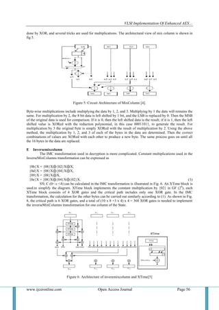 VLSI Implementation Of Enhanced AES…
www.ijceronline.com Open Access Journal Page 56
done by XOR, and several tricks are used for multiplications. The architectural view of mix column is shown in
fig 5.
Figure 5: Circuit Architecture of MixColumn [4].
Byte-wise multiplications include multiplying the data by 1, 2, and 3. Multiplying by 1 the data will remains the
same. For multiplication by 2, the 8 bit data is left shifted by 1 bit, and the LSB is replaced by 0. Then the MSB
of the original data is used for comparison. If it is 0, then the left shifted data is the result; if it is 1, then the left
shifted value is XORed with the reduction polynomial, in this case 00011011, to generate the result. For
multiplication by 3 the original byte is simply XORed with the result of multiplication by 2. Using the above
method, the multiplication by 1, 2, and 3 of each of the bytes in the data are determined. Then the correct
combinations of values are XORed with each other to produce a new byte. The same process goes on until all
the 16 bytes in the data are replaced.
E Inversemixcolumn
The IMC transformation used in decryption is more complicated. Constant multiplications used in the
InverseMixColumns transformation can be expressed as
{0b}X = {08}X⊕{02}X⊕X,
{0d}X = {08}X⊕{04}X⊕X,
{09}X = {08}X⊕X,
{0e}X = {08}X⊕{04}X⊕{02}X. (1)
S'0, C (0< c <4) can be calculated in the IMC transformation is illustrated in Fig. 6. An XTime block is
used.to simplify the diagram. XTime block implements the constant multiplication by {02} in GF (28
), each
XTime block consists of 4 XOR gates and the critical path includes only one XOR gate. In the IMC
transformation, the calculation for the other bytes can be carried out similarly according to (1). As shown in Fig.
8, the critical path is 6 XOR gates, and a total of (10 x 8 +3 x 4) x 4 = 368 XOR gates is needed to implement
the inverseMixColumns transformation for one column of the State.
Figure 6: Architecture of inveremixcolumn and XTime[5]
 