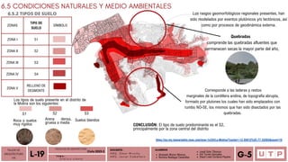 Alvarado Moron Monica
Romina Reategui Canecillas
ZONAS
TIPO DE
SUELO
SÍMBOLO
ZONA I S1
ZONA II S2
ZONA III S3
ZONA IV S4
ZONA V
RELLENO DE
DESMONTE
Quebradas
comprende las quebradas afluentes que
permanecen secas la mayor parte del año,
Corresponde a las laderas y restos
marginales de la cordillera andina, de topografía abrupta,
formado por plutones los cuales han sido emplazados con
rumbo NO-SE, los mismos que han sido disectados por las
quebradas.
6.5 CONDICIONES NATURALES Y MEDIO AMBIENTALES
6.5.2 TIPOS DE SUELO
TALLER DE
ARQUITECTURA
VIII Á n a l i s i s u r b a n o
L-19 T E M A :
DOCENTE:
A R Q . O m a r W i n c h o
A R Q . J a v i e r C a b a l l e r o
ALUMNOS
Leydi Soto Tiburcio
Iris Torres Gonzales
Deysi Liset Cordova Payano G-5
https://es-mx.topographic-map.com/map-1n33l/La-Molina/?center=-12.05812%2C-77.52502&zoom=10
Los tipos de suelo presente en el distrito de
la Molina son los siguientes:
S1 S2 S3
Roca o suelos
muy rígidos
Arena densa,
gruesa a media
Suelos blandos
CONCLUSIÓN: El tipo de suelo predominante es el S2,
principalmente por la zona central del distrito
Los rasgos geomorfológicos regionales presentes, han
sido modelados por eventos plutónicos y/o tectónicos, así
como por procesos de geodinámica externa.
FACULTAD DE ARQUITECTURA
Ciclo 2023-2
 