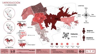 Lima
1
2
3
4
6
5
Alvarado Moron Monica
Romina Reategui Canecillas
168 839 hab.
1.INTRODUCCIÓN
1.1 UBICACIÓN
Perú
La Molina
Superficie
Altura
Densidad
Sector
1
Sector
2
Sector
3
Sector
4
Sector
5
Sector
6
TALLER DE
ARQUITECTURA
VIII Á n a l i s i s u r b a n o
L-2 T E M A :
DOCENTE:
A R Q . O m a r W i n c h o
A R Q . J a v i e r C a b a l l e r o
ALUMNOS
Leydi Soto Tiburcio
Iris Torres Gonzales
Deysi Liset Cordova Payano G-5
65.75 km²
241 m s. n. m.
2139,6 hab/km²
Población
Mujeres
89 435 mujeres
79 404 hombres
Hombres
Norte
ate
Sur
Villa Maria
Oeste
Surco
Este
Pachacamac
LIMITAS
FACULTAD DE ARQUITECTURA
Ciclo 2023-2
 