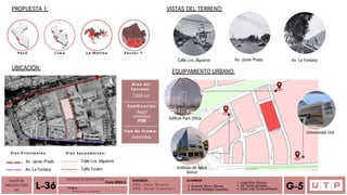 Alvarado Moron Monica
Romina Reategui Canecillas
Lima
Perú La Molina Sector 1
TALLER DE
ARQUITECTURA
VIII Á n a l i s i s u r b a n o
L-36 T E M A :
DOCENTE:
A R Q . O m a r W i n c h o
A R Q . J a v i e r C a b a l l e r o
ALUMNOS
Leydi Soto Tiburcio
Iris Torres Gonzales
Deysi Liset Cordova Payano G-5
FACULTAD DE ARQUITECTURA
Ciclo 2023-2
PROPUESTA 1:
UBICACIÓN:
Calle Los Jilgueros
Vías Principales: Vías Secundarias:
Calle Toulon
Av. Javier Prado
Av. La Fontana
VISTAS DEL TERRENO:
EQUIPAMIENTO URBANO:
Calle Los Jilgueros Av. Javier Prado Av. La Fontana
Edificio Park Office
Universidad Usil
Instituto de salud
Quiroz
Área del
Terreno:
7.000 m2
Zonificación:
Según
normativa:
PDM
Tipo de Trama:
Deformada
 