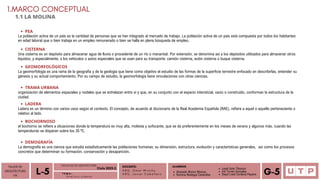 Alvarado Moron Monica
Romina Reategui Canecillas
DOCENTE:
A R Q . O m a r W i n c h o
A R Q . J a v i e r C a b a l l e r o
ALUMNOS
TALLER DE
ARQUITECTURA
VIII Á n a l i s i s u r b a n o
L-5 T E M A :
Leydi Soto Tiburcio
Iris Torres Gonzales
Deysi Liset Cordova Payano G-5
FACULTAD DE ARQUITECTURA
Ciclo 2023-2
1.MARCO CONCEPTUAL
1.1 LA MOLINA
PEA
La población activa de un país es la cantidad de personas que se han integrado al mercado de trabajo. La población activa de un país está compuesta por todos los habitantes
en edad laboral que o bien trabaja en un empleo remunerado o bien se halla en plena búsqueda de empleo.
CISTERNA
Una cisterna es un depósito para almacenar agua de lluvia o procedente de un río o manantial.​Por extensión, se denomina así a los depósitos utilizados para almacenar otros
líquidos, y especialmente, a los vehículos o autos especiales que se usan para su transporte: camión cisterna, avión cisterna o buque cisterna.​
GEOMORFOLÓGICOS
La geomorfología es una rama de la geografía​y de la geología​que tiene como objetivo el estudio de las formas de la superficie terrestre enfocado en describirlas, entender su
génesis y su actual comportamiento. Por su campo de estudio, la geomorfología tiene vinculaciones con otras ciencias.
TRAMA URBANA
organización de elementos espaciales y nodales que se entrelazan entre sí y que, en su conjunto con el espacio intersticial, vacío o construido, conforman la estructura de la
ciudad.
LADERA
Ladera es un término con varios usos según el contexto. El concepto, de acuerdo al diccionario de la Real Academia Española (RAE), refiere a aquel o aquello perteneciente o
relativo al lado.
BOCHORNOSO
el bochorno se refiere a situaciones donde la temperatura es muy alta, molesta y sofocante, que se da preferentemente en los meses de verano y algunos más, cuando las
temperaturas se disparan sobre los 35 ºC.
DEMOGRAFÍA
La demografía es una ciencia que estudia estadísticamente las poblaciones humanas; su dimensión, estructura, evolución y características generales, ​así como los procesos
concretos que determinan su formación, conservación y desaparición.
 