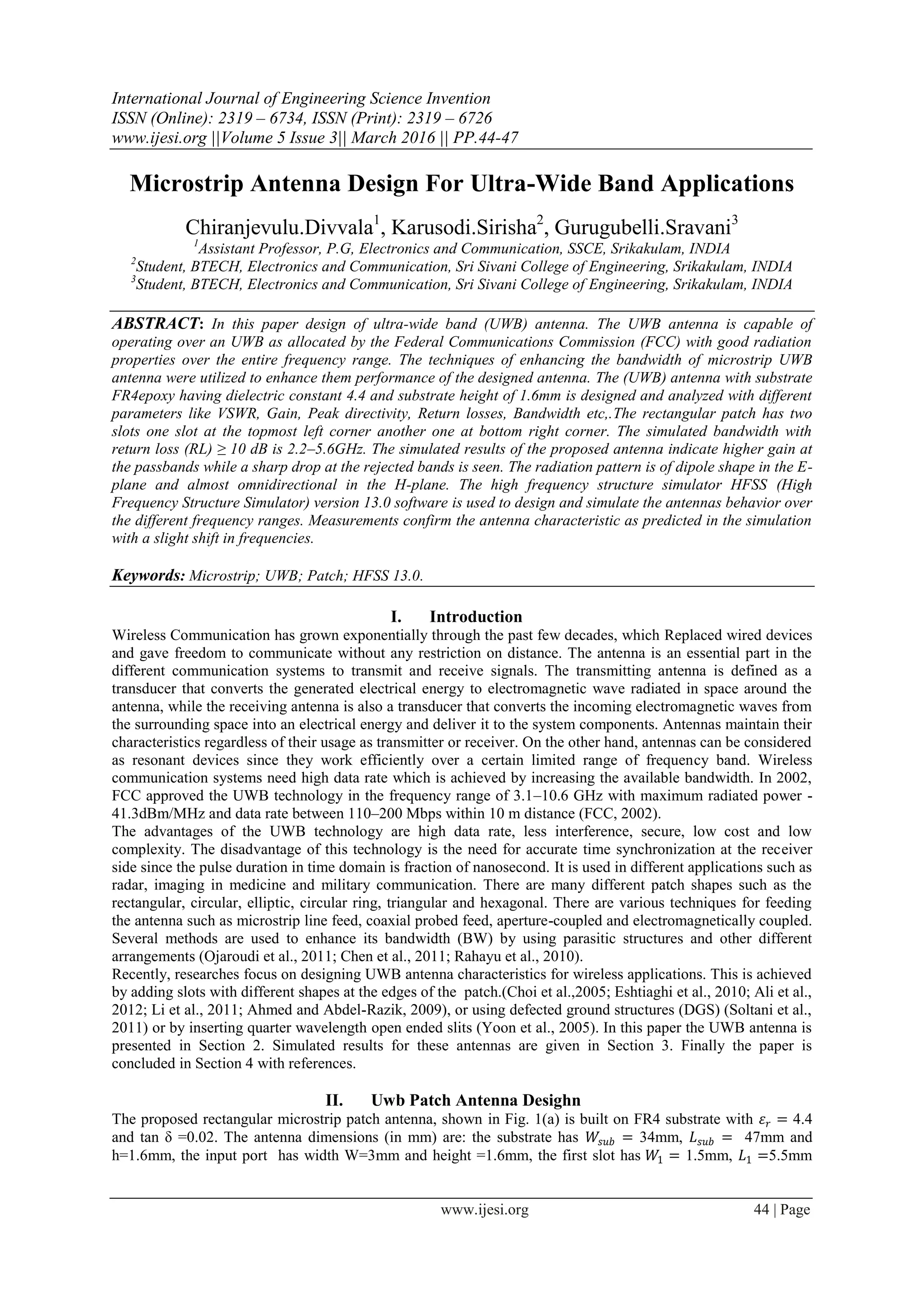 Microstrip Antenna Design For Ultra-Wide Band Applications | PDF