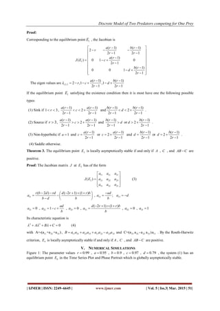 Discrete Model of Two Predators competing for One Prey
| IJMER | ISSN: 2249–6645 | www.ijmer.com | Vol. 5 | Iss.3| Mar. 2015 | 51|
Proof:
Corresponding to the equilibrium point 1E , the Jacobian is
1
( 1) ( 1)
2
2 1 2 1
( 1)
( ) 0 1 0
2 1
( 1)
0 0 1
2 1
a r b r
r
r r
a r
J E c
r
b r
d
r
  
    
 
   
 
 
  
  
The eigen values are 1,2,3
( 1) ( 1)
2 ,1 ,1
2 1 2 1
a r b r
r c d
r r

 
     
 
If the equilibrium point 1E satisfying the existence condition then it is most have one the following possible
types:
(1) Sink if 1 3r  ,
( 1) ( 1)
2
2 1 2 1
a r a r
c
r r
 
  
 
and
( 1) ( 1)
2
2 1 2 1
b r b r
d
r r
 
  
 
.
(2) Source if 3r  ,
( 1) ( 1)
2
2 1 2 1
a r a r
c
r r
 
  
 
and
( 1)
2 1
b r
d
r



or
( 1)
2
2 1
b r
d
r

 

.
(3) Non-hyperbolic if 1a  and
( 1)
2 1
a r
c
r



or
( 1)
2
2 1
a r
c
r

 

and
( 1)
2 1
b r
d
r



or
( 1)
2
2 1
b r
d
r

 

.
(4) Saddle otherwise.
Theorem 3. The equilibrium point 2E is locally asymptotically stable if and only if A , C , and AB C are
positive.
Proof: The Jacobian matrix J at 2E has of the form
11 12 13
2 21 22 23
31 32 33
( )
a a a
J E a a a
a a a
 
   
  
(3)
11
( 2 ) ( 2 1) (1 )r b d rd d r r b
a
b d b
      
  
  
, 12 13;
ad
a a d
b

  
21 0a  , 22 1
ad
a c
b
   , 23 0a  , 31
( 2 1) (1 )d r r b
a
b
   
 , 32 0a  , 33 1a 
Its characteristic equation is
3 2
0A B C      (4)
with 11 22 33A=-(a +a +a ), 11 33 22 33 11 22 23 32B a a a a a a a a    and 23 32 22 33 11C=(a a -a a )a . By the Routh-Hurwitz
criterion, 4E is locally asymptotically stable if and only if A , C , and AB C are positive.
V. NUMERICAL SIMULATIONS
Figure 1: The parameter values 0.99r  , 0.95a  , 0.9b  , 0.97c  , 0.79d  , the system (1) has an
equilibrium point 0E in the Time Series Plot and Phase Portrait which is globally asymptotically stable.
 
