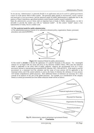 Administrative Process
www.ijesi.org 48 | Page
As we can see, „administration’ is eminently flexible in its application and can be used in a global government
context or in the narrow field of office routine. The processes apply equally to international, central, regional
and municipal or local government, and the analytical model for public administration is applicable also to the
analysis of State Corporations, agricultural products control boards or public research institutions.
Since the administrative process forms such an important basis of study in Public Administration, we feel it
advisable to provide the readers you with an “analytical model”. In this context “model” means a true
representation of reality, but on a smaller scale.
3.5 The analytical model for public administration
a) The administration process consists of six substantive elements policy, organization, finance, personnel,
procedures and control [POFPPC].
Organisation
Figure 1/4: Analytical Model for public administration
b) Our model is circular to obviate the appearance of a specific hierarchy in the process. For meaningful
analysis we can begin with any sector and move in any direction wish[P.S. Botes, 1981] since the analytical
model is applicable to the entire field of public authority, whatever the governmental level be it local,
provincial, national or international government[S.B.M. Marume:1983, 1988 and 2015]. If the model is used for
government on a municipal level the substance and the scope of every process will be applicable to the
municipal milieu, and if the central authority is used as the frame of reference the substance of every process
will include comprehensive global processes. Here additional frames of references are necessary for a clear
concept of an analysis of any one of the global processes. For example, in a consideration of the category
finance at central governmental level the further analytical model will be as follows:
Fig 1/5: Administrative aspects pertaining to government finance
IV. Conclusion
Financial
affairs
Financial policy
Financial implications in financing
Personnel for financing
Organisation for financing
Financial procedures
Financial control
Control Policy
FinancePersonnel
Procedures
Goal
 