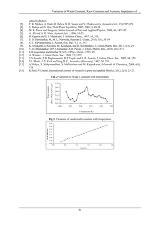 Variation of Wada Constant, Raos Constant and Acoustic Impedance of …


        edited byRobert.
 [2].   P. K. Mishra, A. Dash, B. Behra, B. B. Swain and V. Chakravortty, Acoustics lett., 19 (1995) 99.
 [3].   S. Baluja and S. Oza, Fluid Phase Equilibria, 2005, 200 (1), 49-54
 [4].   M. K. Ravat and Sangeeta, Indian Journal of Pure and Applied Physics, 2008, 46, 187-192
 [5].   A. Ali and A. K. Nain, Acoustic lett. , 1996, 19-53.
 [6].   H. Ogawa and S. J. Murakami, J. Solution Chem., 1987, 16, 315,
 [7].   S. D. Deoskarkar, M, M. L. Narwade, Rasayan J. Chem., 2010, 3(1), 55-59
 [8].   C.V. Suryanarayana, J. Acoust. Soc. Ind., 4, 111, 197.
 [9].   K. Sreekanth, D.Sravana, M. Kondaiah, and D. KrishnaRao, J., Chem.Pharm. Res. 2011, 3(4), 29.
[10].   V. D. Bhandakkar, O.P. Chimankar, N.R. Pawar. J. Chem. Pharm. Res., 2010, 2(4), 873.
[11].   L.R.Lagemann and Dunbar W.S.N., J Phys. Chem., 1995, 49.
[12].   A. Wissler., J. Amer Chem. Soc., 1949, 71, 1272.
[13].   S.S.Aswale, P.B. Raghuwanshi, D.T.Tayde. and S. R. Aswale, J. Indian Chem. Soc., 2007, 84, 159.
[14].   S.J. Bhatti, J. S. Vivk and Sing D. P., Acoustica (Germany), 1982, 50, 291.
[15].   A.Nithya, S. Nithyanandhan, S. Mullainthan and M. Rajasekaran, E-Journal of Chemistry, 2009, 6(1),
        138.
[16].   K.Patil, V.Umare, International journal of research in pure and applied Physics, 2012, 2(4), 25-27.

                                                          Fig. 2 Variation of Wada’s constant with temoerature
                                                      (Bw x 1026 m20/7 kg1/7 s-2/7 )




                                                                                       2.70
                                Wada constant




                                                                                       2.65
                                                                                       2.60

                                                                                       2.55
                                                                                       2.50
                                                                                       2.45
                                                                                           300         305         310           315   320   325

                                                                                                                   T emperature (K)


                                                    Fig 3. Variation of vanderwalls constant with temperature
                                                    0.73
                       Van der Waal's constant(b)




                                                    0.72

                                                    0.72

                                                    0.71

                                                    0.71

                                                    0.70

                                                    0.70

                                                    0.69
                                                        300                                      305         310               315     320    325

                                                                                                                    Temp.(K)




                                                                                                                   51
 