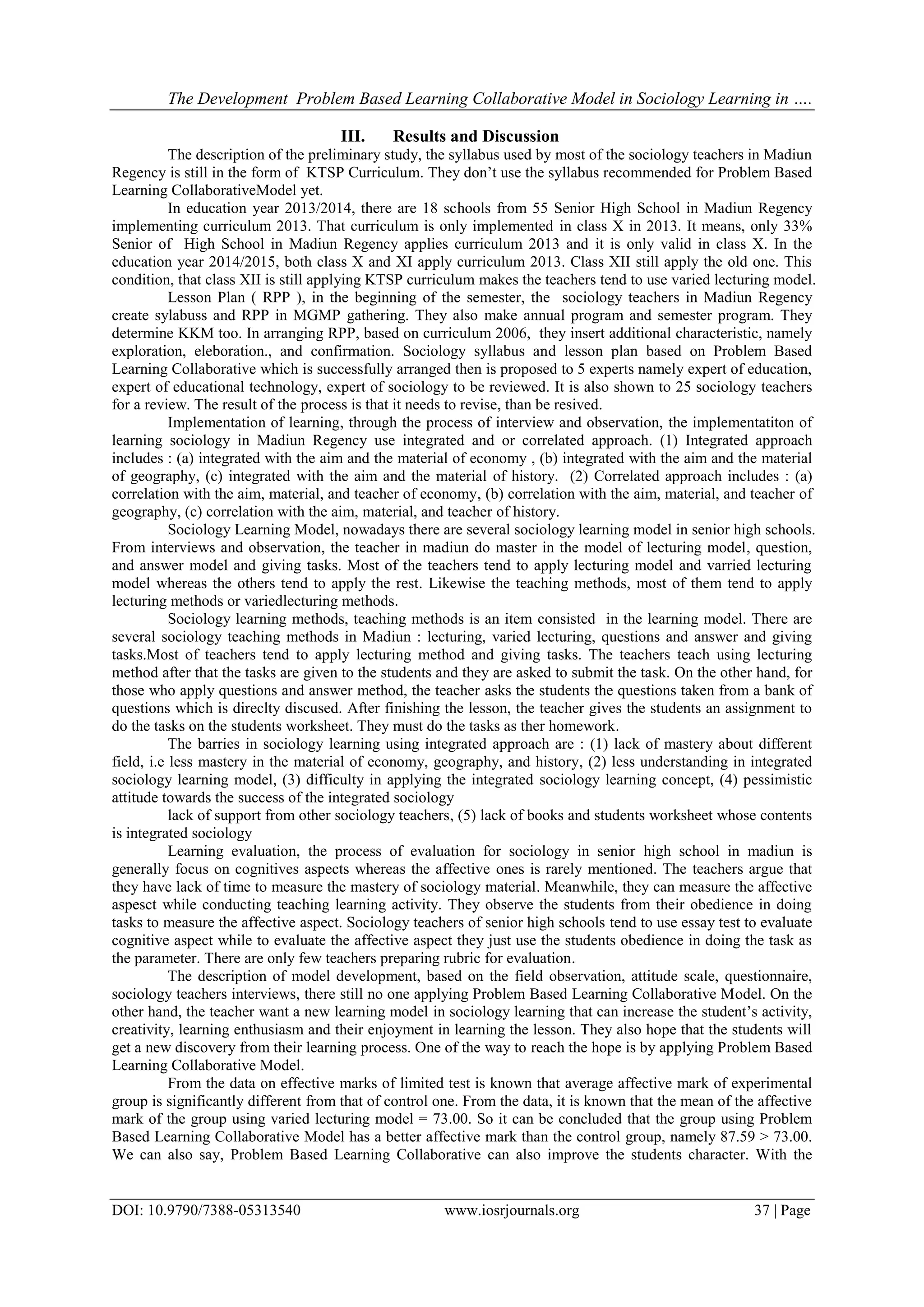 The Development Problem Based Learning Collaborative Model in Sociology ...