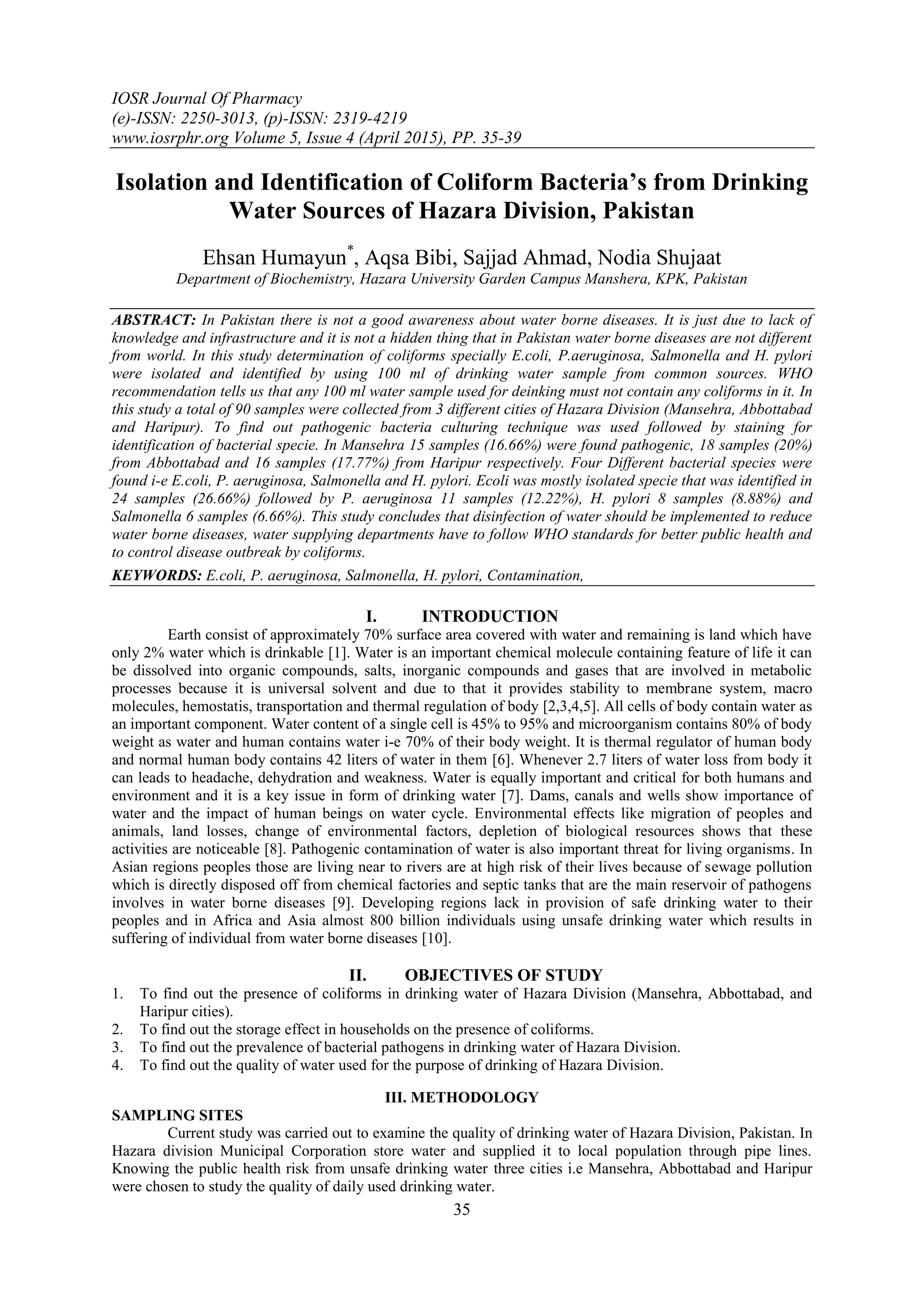 Isolation and Identification of Coliform Bacteria's from Drinking Water ...