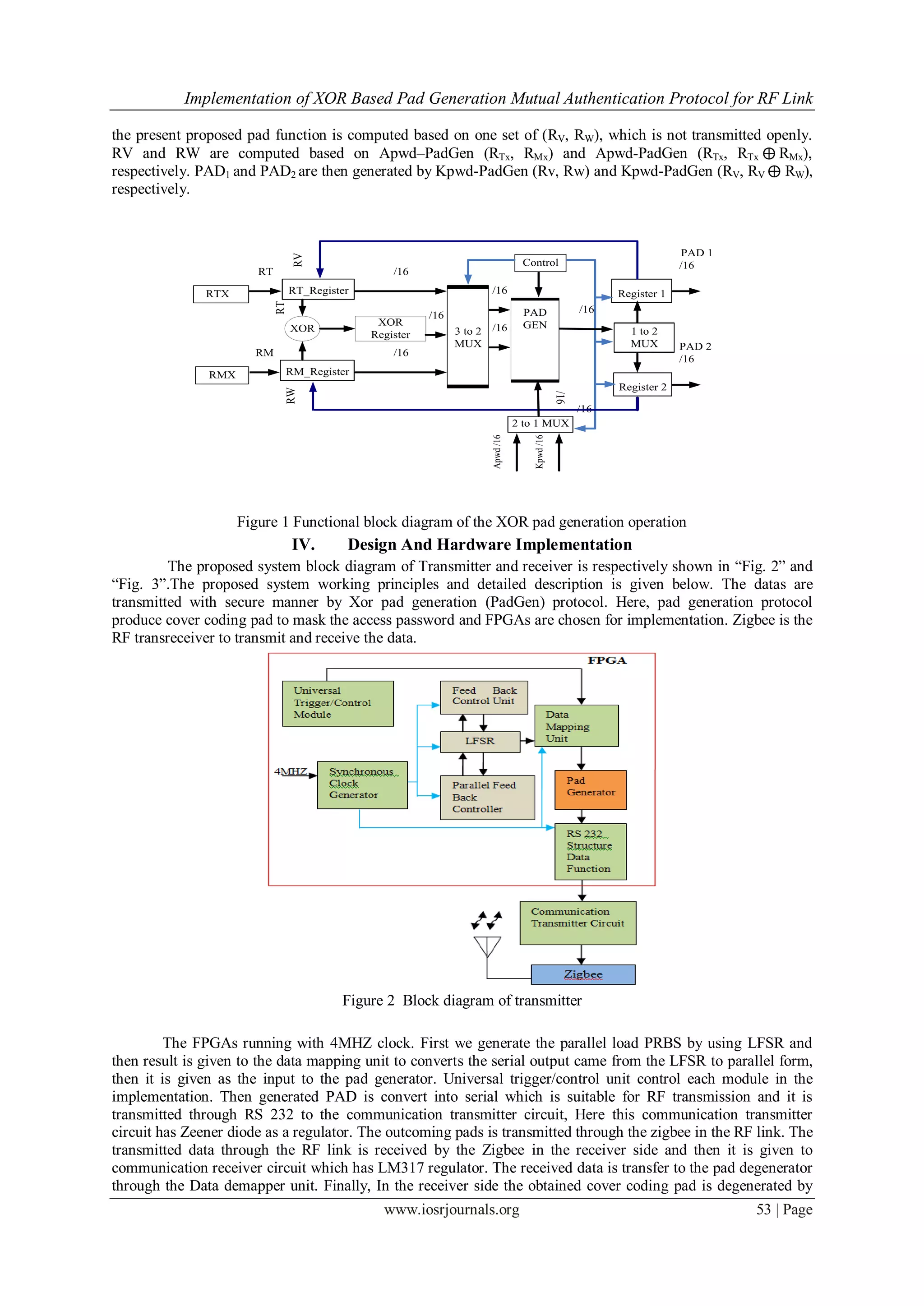 Implementation of XOR Based Pad Generation Mutual Authentication Protocol for RF Link
www.iosrjournals.org 53 | Page
the present proposed pad function is computed based on one set of (RV, RW), which is not transmitted openly.
RV and RW are computed based on Apwd–PadGen (RTx, RMx) and Apwd-PadGen (RTx, RTx ⨁ RMx),
respectively. PAD1 and PAD2 are then generated by Kpwd-PadGen (Rv, Rw) and Kpwd-PadGen (RV, RV ⨁ RW),
respectively.
XOR
Register
XOR
RM_Register
3 to 2
MUX
RT_RegisterRTX
Register 2
Register 1
Control
2 to 1 MUX
RT
/16
/16
/16
RM
RV
/16
/16
PAD
GEN
RW
Apwd/16
PAD 1
/16
PAD 2
/16
Kpwd/16
/16
RMX
/16
RT
/16
1 to 2
MUX
Figure 1 Functional block diagram of the XOR pad generation operation
IV. Design And Hardware Implementation
The proposed system block diagram of Transmitter and receiver is respectively shown in ―Fig. 2‖ and
―Fig. 3‖.The proposed system working principles and detailed description is given below. The datas are
transmitted with secure manner by Xor pad generation (PadGen) protocol. Here, pad generation protocol
produce cover coding pad to mask the access password and FPGAs are chosen for implementation. Zigbee is the
RF transreceiver to transmit and receive the data.
Figure 2 Block diagram of transmitter
The FPGAs running with 4MHZ clock. First we generate the parallel load PRBS by using LFSR and
then result is given to the data mapping unit to converts the serial output came from the LFSR to parallel form,
then it is given as the input to the pad generator. Universal trigger/control unit control each module in the
implementation. Then generated PAD is convert into serial which is suitable for RF transmission and it is
transmitted through RS 232 to the communication transmitter circuit, Here this communication transmitter
circuit has Zeener diode as a regulator. The outcoming pads is transmitted through the zigbee in the RF link. The
transmitted data through the RF link is received by the Zigbee in the receiver side and then it is given to
communication receiver circuit which has LM317 regulator. The received data is transfer to the pad degenerator
through the Data demapper unit. Finally, In the receiver side the obtained cover coding pad is degenerated by
 