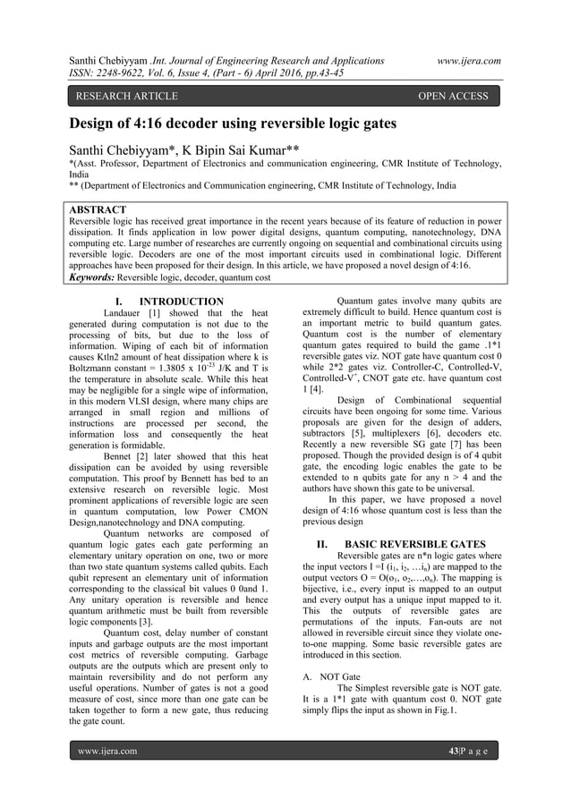 Design of 416 decoder using reversible logic gates PDF