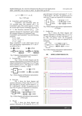 Santhi Chebiyyam .Int. Journal of Engineering Research and Applications www.ijera.com
ISSN: 2248-9622, Vol. 6, Issue 4, (Part - 6) April 2016, pp.43-45
www.ijera.com 44|P a g e
Fig. 1. NOT gate
B. Controlled-v and Controlled†
Gate
Controlled-v and Controlled†
gates are
2*2 reversible gates with quantum cost 1. In
Controlled-V gate, if the control signal A = 0, then
the second input B passes unchanged. However, if
A = 1, then theunitary operation
i+1
2
1 −𝑖
−𝑖 1
is
applied to theinput B. Controlled-V†
gate is simple
the conjugate transpose of Controlled-V gate.
Controlled-V and Controlled-V†
have the following
properties
V x V = NOT
V x V†
= V†
x V = 1
V†
x V†
= NOT
Hence controlled-V is also called square root of
NOT gate.Quantum implementation of V and V†
are shown in Fig. 2
Fig. 2. Quantum Implementation of Controlled-V
and Controlled-V†
Gate
C. Feynman Gate
Fig. 3 shows the block diagram and the
quantum implementation of Feynman Gate [8], also
called Controlled-Not (CNOT) gate. It is a 2*2 gate
and its quantum cost is 1. The inputs are A and B
and the outputs P= A and Q = A ⊕ B.
Fig. 3. Block diagram and Quantum representation
of Feynman gate
D. Peres gate
Fig. 4 shows the block diagram and
quantum realization of Peres Gate [9]. It is a 3*3
gate with inputs A, B and C and the outputs P = A,
Q = A ⊕ B and R = AB ⊕ C. Its quantum cost if 4
since four 2*2 gates are required for its realization.
Fig. 4. Block diagram and quantum representation
of Peres gate.
E. TR gate
Fig. 5 shows the block diagram and
quantum realization of TR Gate[10]. It is a 3*3
gate with inputs A, B and C and outputs P = A, Q =
A ⊕ B and R = AB’ ⊕ C. Its quantum cost is 4
since four 2*2 gates are required for its realization.
Fig. 5 Block diagram and quantum implementation
of TR gate.
F. Fredkin Gate
Fig. 6 shows the block diagram and
quantum realization of Fredkin Gate [11]. It is a
3*3 gate with inputs A, B and C and inputs P = A,
Q = AB + A’C and R = A’B + AC. Its quantum
cost is 5 since five 2*2 gates are required for its
realization.
Fig. 6. Block diagram and quantum implementation
of Fredkin Gate.
III. SIMULATION RESULTS.
 