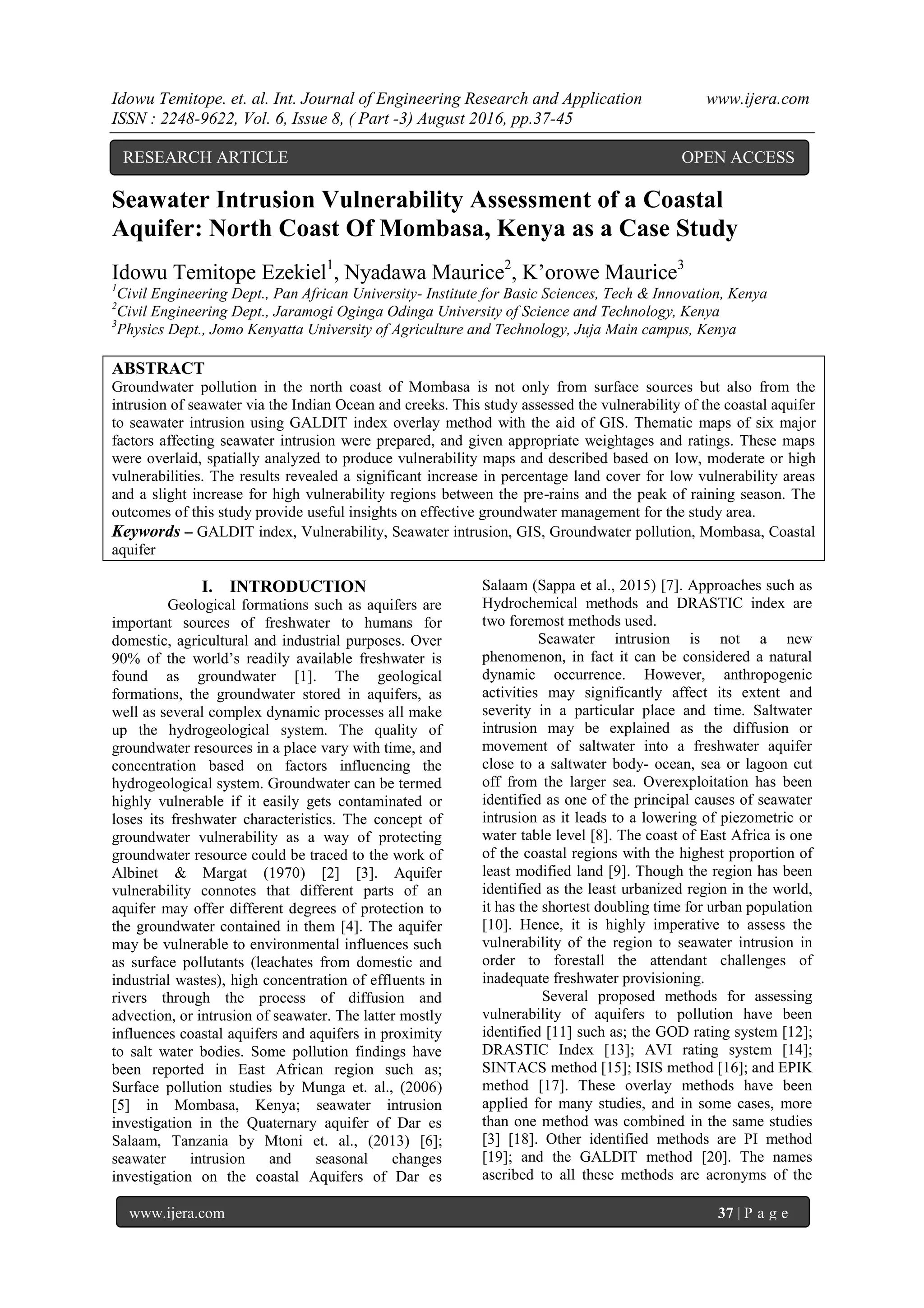 Seawater Intrusion Vulnerability Assessment of a Coastal Aquifer: North ...
