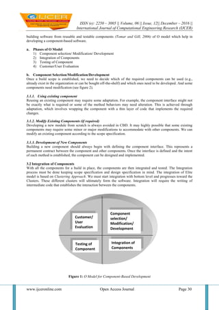 ISSN (e): 2250 – 3005 || Volume, 06 || Issue, 12|| December – 2016 ||
International Journal of Computational Engineering Research (IJCER)
www.ijceronline.com Open Access Journal Page 30
building software from reusable and testable components (Tomar and Gill, 2006) of O model which help in
developing a component-based software.
a. Phases of O Model
1) Component selection/ Modification/ Development
2) Integration of Components
3) Testing of Component
4) Customer/User Evaluation
b. Component Selection/Modification/Development
Once a build scope is established, we need to decide which of the required components can be used (e.g.,
already exist in the organization or can be bought off-the-shelf) and which ones need to be developed. And some
components need modification (see figure 2).
3.1.1. Using existing component
Reusing an existing component may require some adaptation. For example, the component interface might not
be exactly what is required or some of the method behaviors may need alteration. This is achieved through
adaptation, which involves wrapping the component with a thin layer of code that implements the required
changes.
3.1.2. Modify Existing Components (if required)
Developing a new module from scratch is always avoided in CBD. It may highly possible that some existing
components may require some minor or major modifications to accommodate with other components. We can
modify an existing component according to the scope specification.
3.1.3. Development of New Components
Building a new component should always begin with defining the component interface. This represents a
permanent contract between the component and other components. Once the interface is defined and the intent
of each method is established, the component can be designed and implemented.
3.2 Integration of Components
With all the components for a build in place, the components are then integrated and tested. The Integration
process must be done keeping scope specification and design specification in mind. The integration of Elite
model is based on Clustering Approach. We must start integration with bottom level and progresses toward the
Clusters. These different clusters will ultimately form the software. Integration will require the writing of
intermediate code that establishes the interaction between the components.
Figure 1: O Model for Component-Based Development
Component
selection/
Modification/
Development
Integration of
Components
Testing of
Component
Customer/
User
Evaluation
 