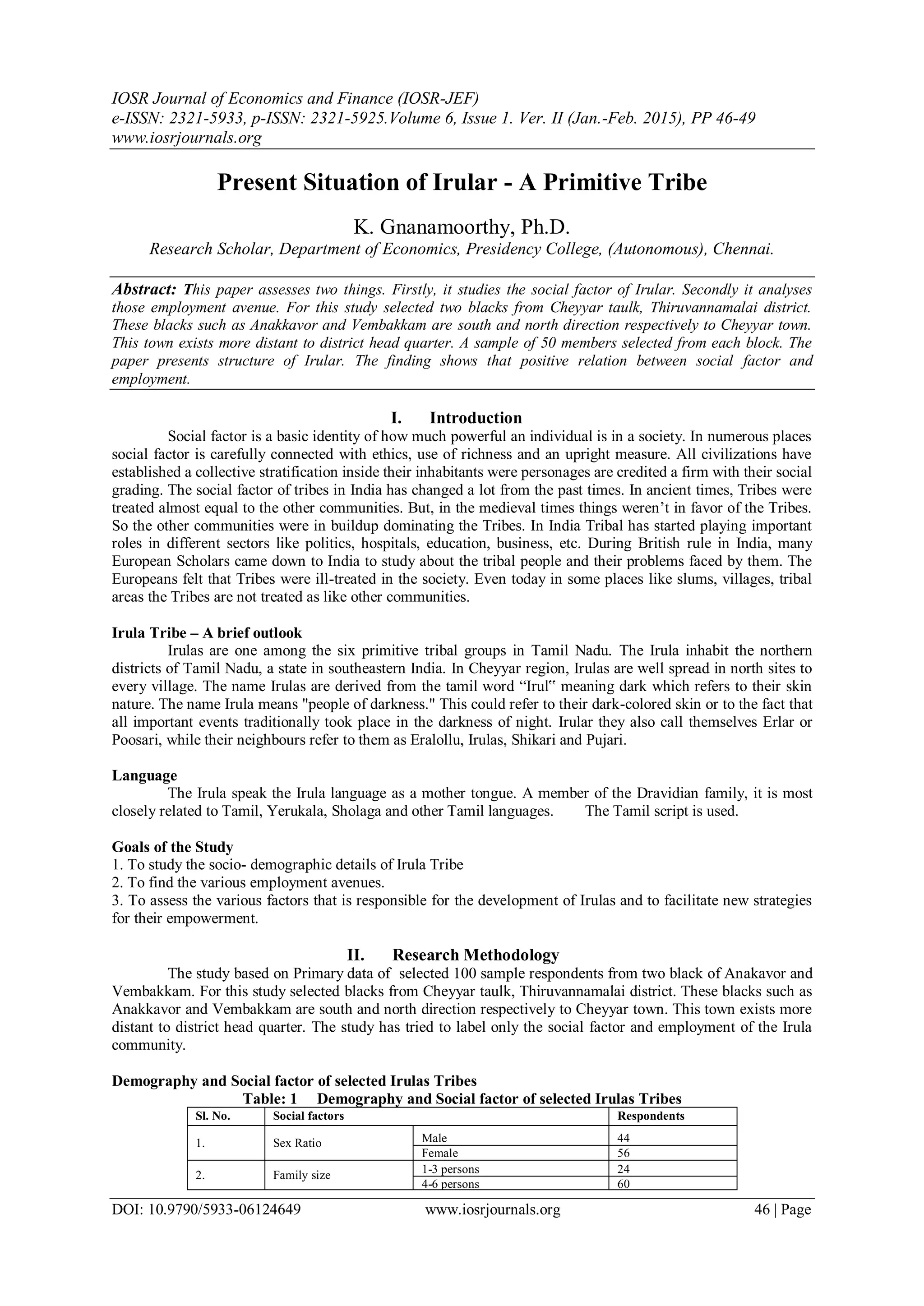 Present Situation of Irular - A Primitive Tribe | PDF