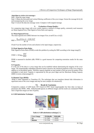 A Review of Comparison Techniques of Image Steganography
www.iosrjournals.org 46 | Page
Algorithm to retrieve text message:-
Step 1: Read the stego image.
Step 2: Obtain the horizontal and vertical filtering coefficients of the cover image. Extract the message bit by bit
and recomposing the cover image.
Step 4: Convert the data into message vector. Compare it with original message.
V. Evaluation of Image Quality:
For comparing stego image with cover results requires a measure of image quality, commonly used measures
are Mean-Squared Error, Peak Signal-to-Noise Ratio and capacity.
5.1 Mean-Squared Error:
The mean-squared error (MSE) between two images I1(m, n) and I2 (m, n) is[2]:
𝑀𝑆𝐸 =
𝐼1 𝑚, 𝑛 − 𝐼2 𝑀, 𝑁 2
𝑀,𝑁
𝑀 ∗ 𝑁
M and N are the number of rows and columns in the input images, respectively.
5.2 Peak Signal-to-Noise Ratio:
Peak Signal-to-Noise Ratio (PSNR) avoids this problem by scaling the MSE according to the image range[5]:
𝑃𝑆𝑁𝑅 = 10 log10
2562
𝑀𝑆𝐸
PSNR is measured in decibels (dB). PSNR is a good measure for comparing restoration results for the same
image.
5.3 Capacity:
It is the size of the data in a cover image that can be modified without deteriorating the integrity of the cover
image. The steganography embedding operation needs to preserve the statistical properties of the cover image in
addition to its perceptual quality. Therefore capacity depends on total number of bits per pixel & number of bits
embedded in each pixel. Capacity is represented by bits per pixel (bpp) and the Maximum Hiding Capacity
(MHC) in terms of percentage[13].
5.4 Domain Type (DOM):
DOM is either Spatial(S) or Transform (T). The techniques that use transform domain hide information in
significant areas of the cover images and may be more complex for attackers[9].
VI. Result & Conclusion
Comparative analysis of LSB based, DCT based & DWT based steganography has been done on basis of
parameters like PSNR , MSE , Robustness&Capacity on different images and the results are evaluated.If PSNR
ratio is high then images are best of quality.
6.1 LSB Substitution Technique:
(a) Jet (b) Baboon
Table 6.1 LSB substitution technique[21]:
Cover image PSNR(dB) MSE(dB)
Jet 52.7869 .58505
Baboon 53.7558 .52329
 