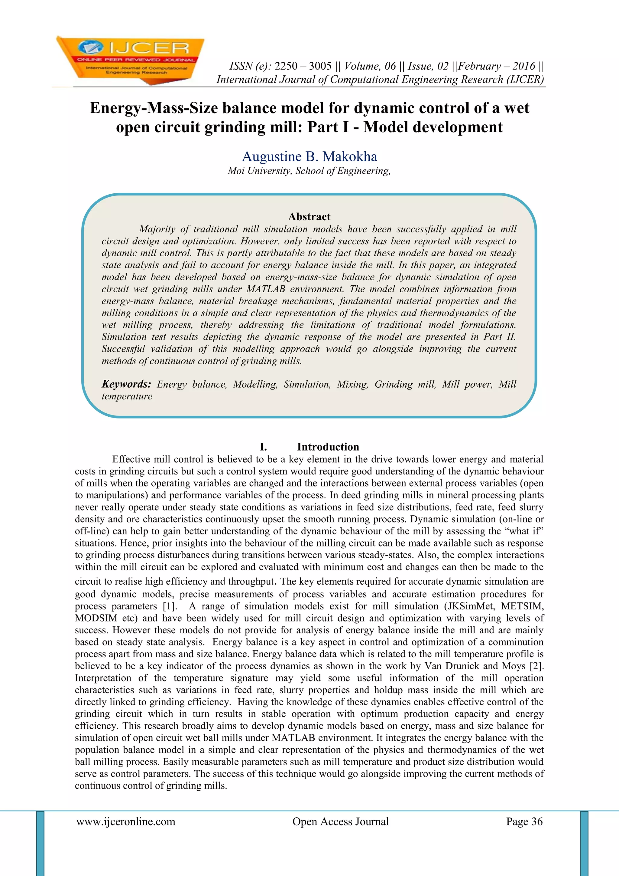 EnergyMassSize balance model for dynamic control of a wet open