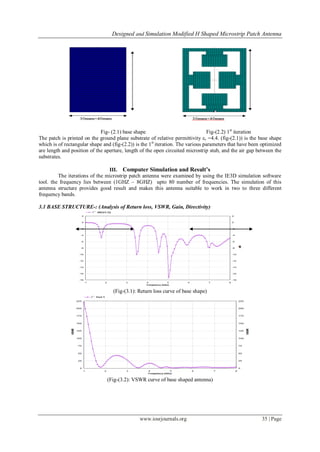 Designed and Simulation Modified H Shaped Microstrip Patch Antenna
www.iosrjournals.org 35 | Page
Fig- (2.1) base shape Fig-(2.2) 1st
iteration
The patch is printed on the ground plane substrate of relative permittivity εr =4.4. (fig-(2.1)) is the base shape
which is of rectangular shape and (fig-(2.2)) is the 1st
iteration. The various parameters that have been optimized
are length and position of the aperture, length of the open circuited microstrip stub, and the air gap between the
substrates.
III. Computer Simulation and Result’s
The iterations of the microstrip patch antenna were examined by using the IE3D simulation software
tool. the frequency lies between (1GHZ – 8GHZ) upto 80 number of frequencies. The simulation of this
antenna structure provides good result and makes this antenna suitable to work in two to three different
frequency bands.
3.1 BASE STRUCTURE-: (Analysis of Return loss, VSWR, Gain, Directivity)
(Fig-(3.1): Return loss curve of base shape)
(Fig-(3.2): VSWR curve of base shaped antenna)
 